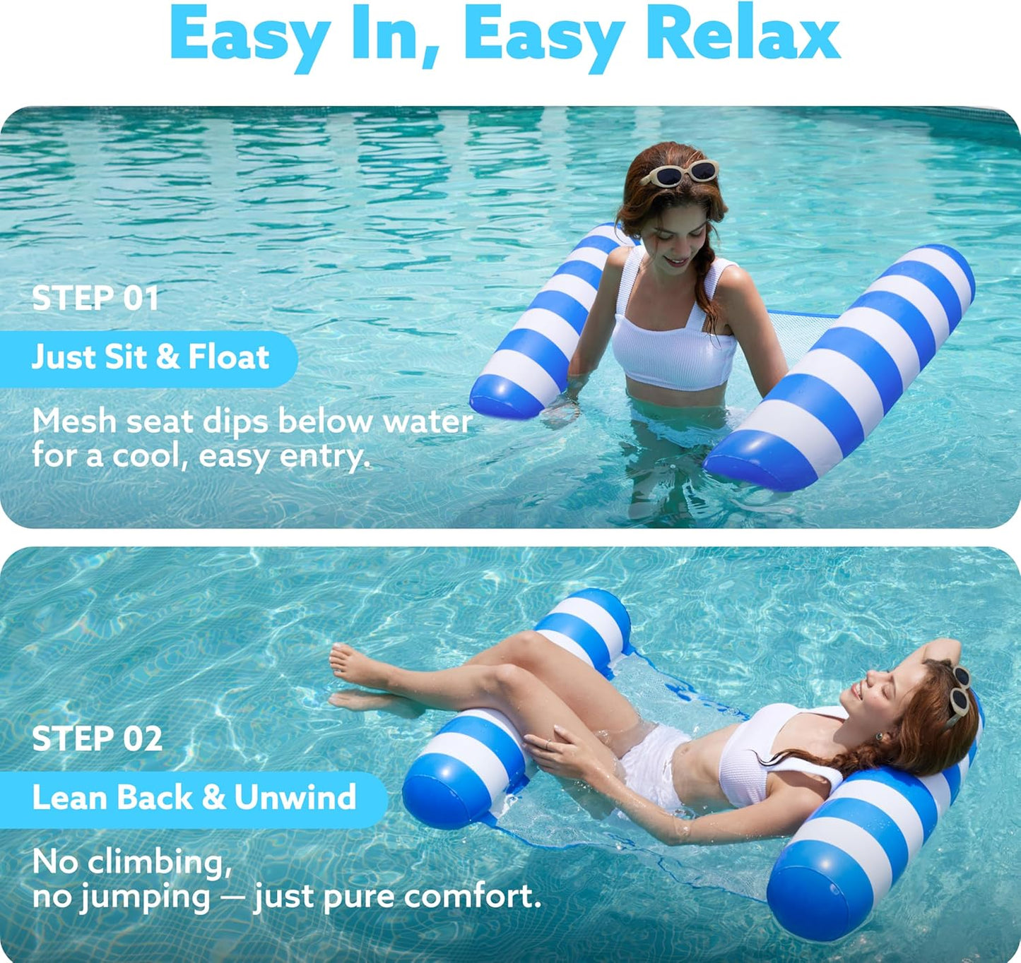 Jasonwell 2-Pack Hammock Pool Floats for Adults – 4-in-1 Inflatable Lounge Floats, PVC, Blue & Navy Blue, 48" x 31.5"