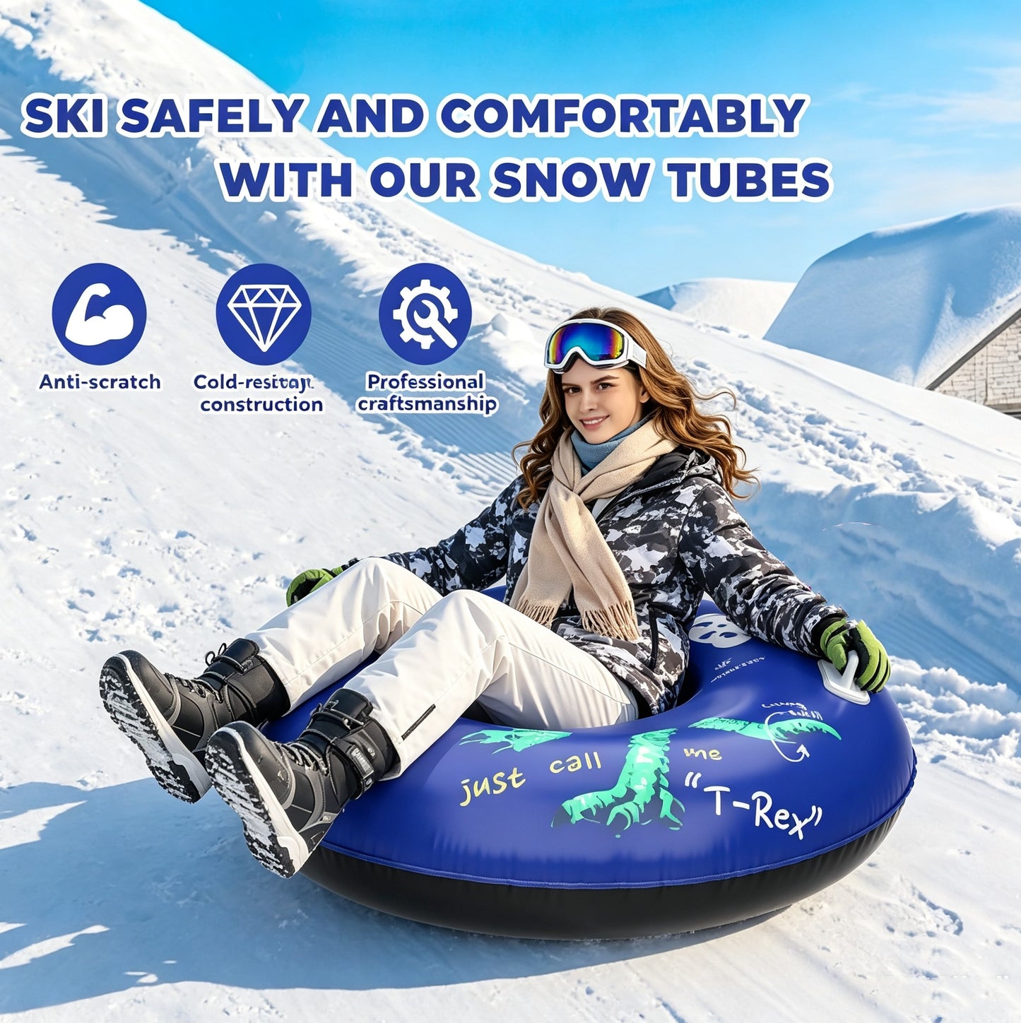 Dinosaur Inflatable Snow Tube, Thickened Heavy-Duty PVC Sled with Reinforced Bottom & 2 Handles, Winter Snow Sled for Skiing, Outdoor Games, Halloween & Christmas Activities