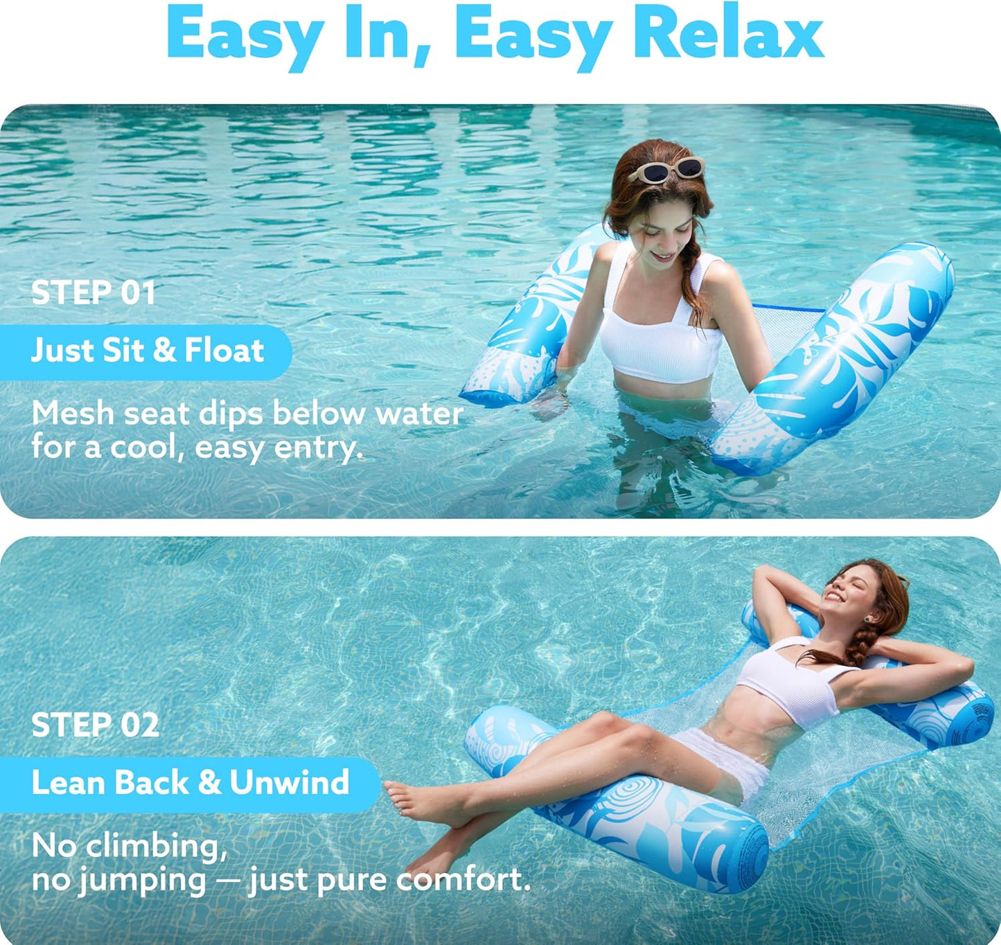 Jasonwell 2-Pack Hammock Pool Floats for Adults – 4-in-1 Inflatable Lounge Floats, PVC, Blue & Pink, Large