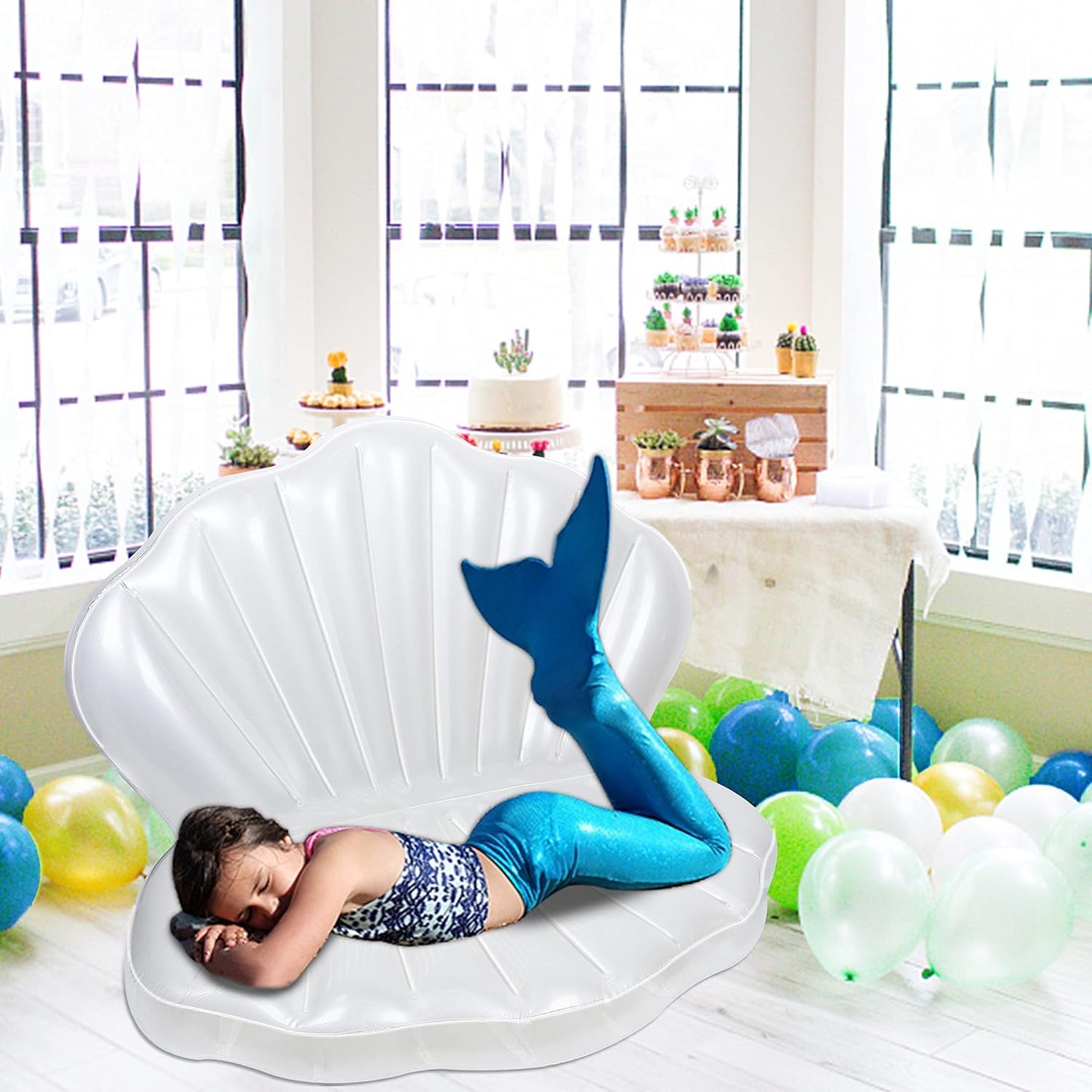 HeyGo 41" Giant Clam Pool Float with Pearl Ball, White Inflatable Shell for Kids, Perfect for Beach & Mermaid Birthday Parties