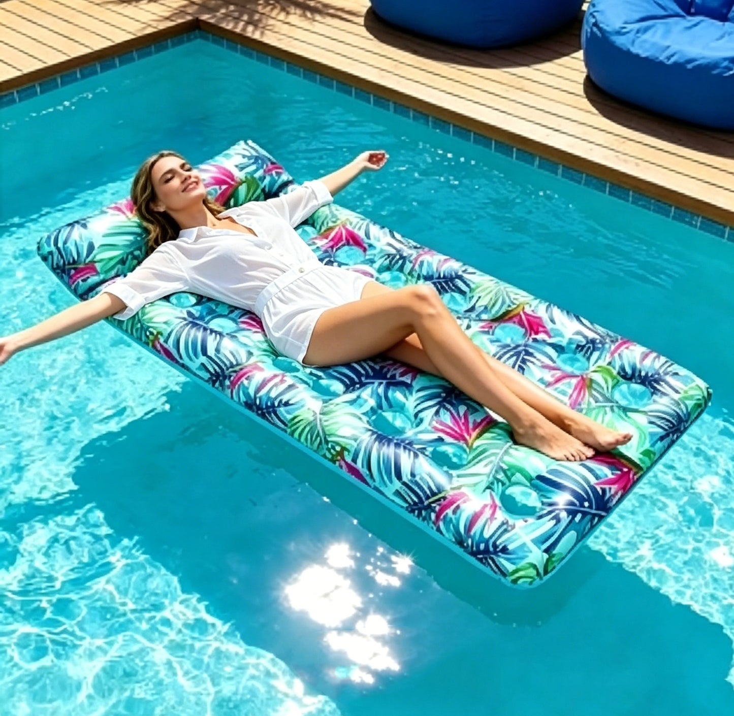 HeyGo 71" x 34" Inflatable Pool Float, 21-Hole Blue Adult Lounger with Headrest and Drink Holder, Heavy Duty Lake & Beach Raft