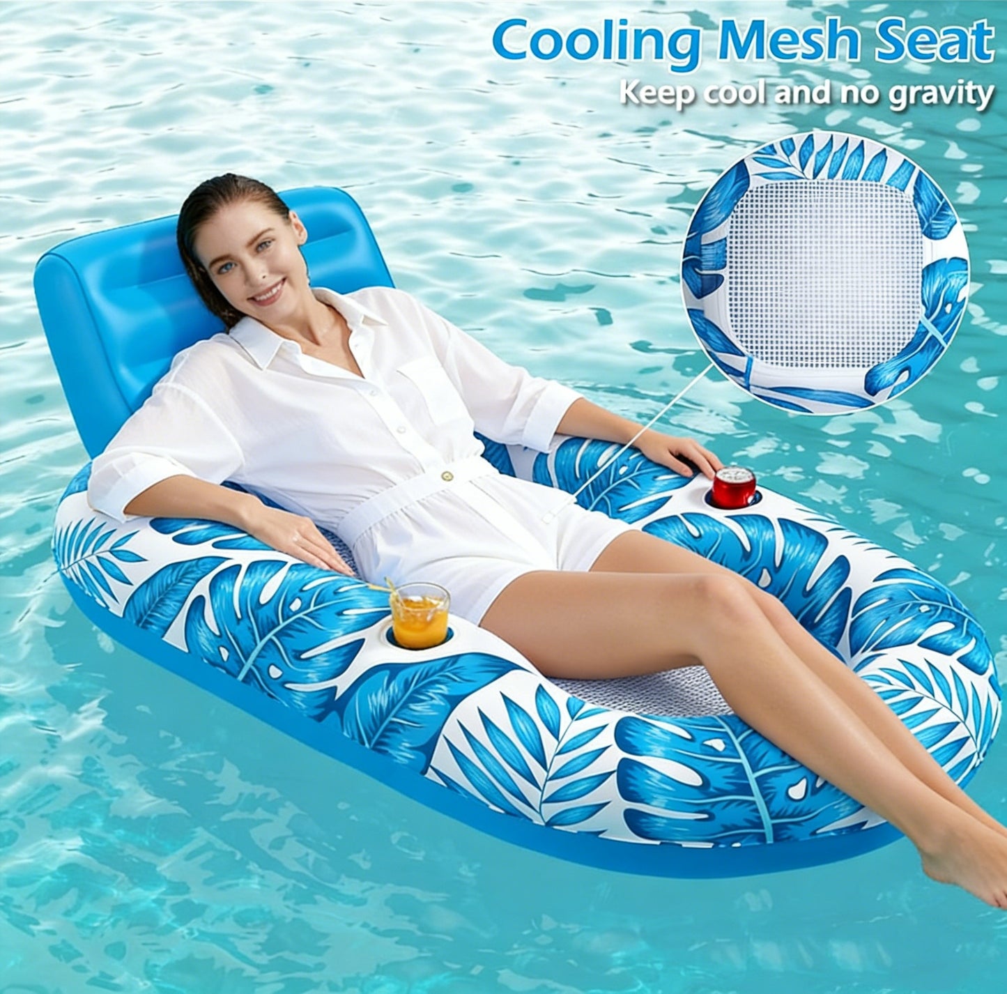 HeyGo 65" x 33" x 18" Inflatable Pool Float for Adults - Lounger Raft with Cup Holders & Coconut Tree Backrest, Perfect for Pool & Beach!