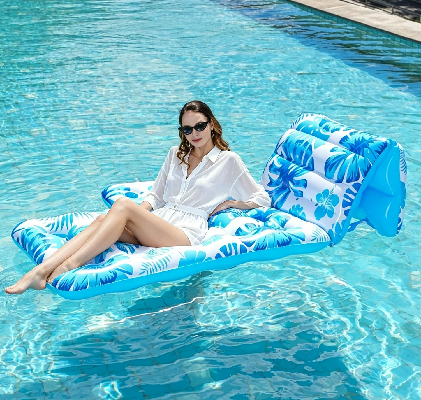HeyGo 71"x35" Inflatable Pool Float Lounger, Blue Floral Reclining Raft with Headrest, Portable PVC Bed for Beach & Lake Fun