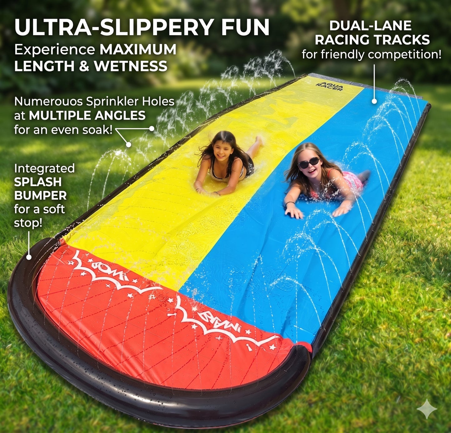 HeyGo Double Lane Water Slide with 2 Inflatable Boards 189" x 57" Lawn Slip Sprinkler for Kids and Adults Summer Outdoor Fun Toy
