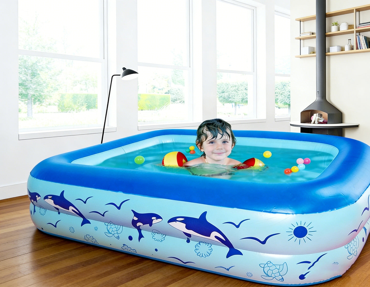 HeyGo 45" x 35" x 14" Inflatable 2-Ring Pool with Orca Print – Durable PVC Kiddie Pool for Kids, Toddlers & Adults, Backyard Fun