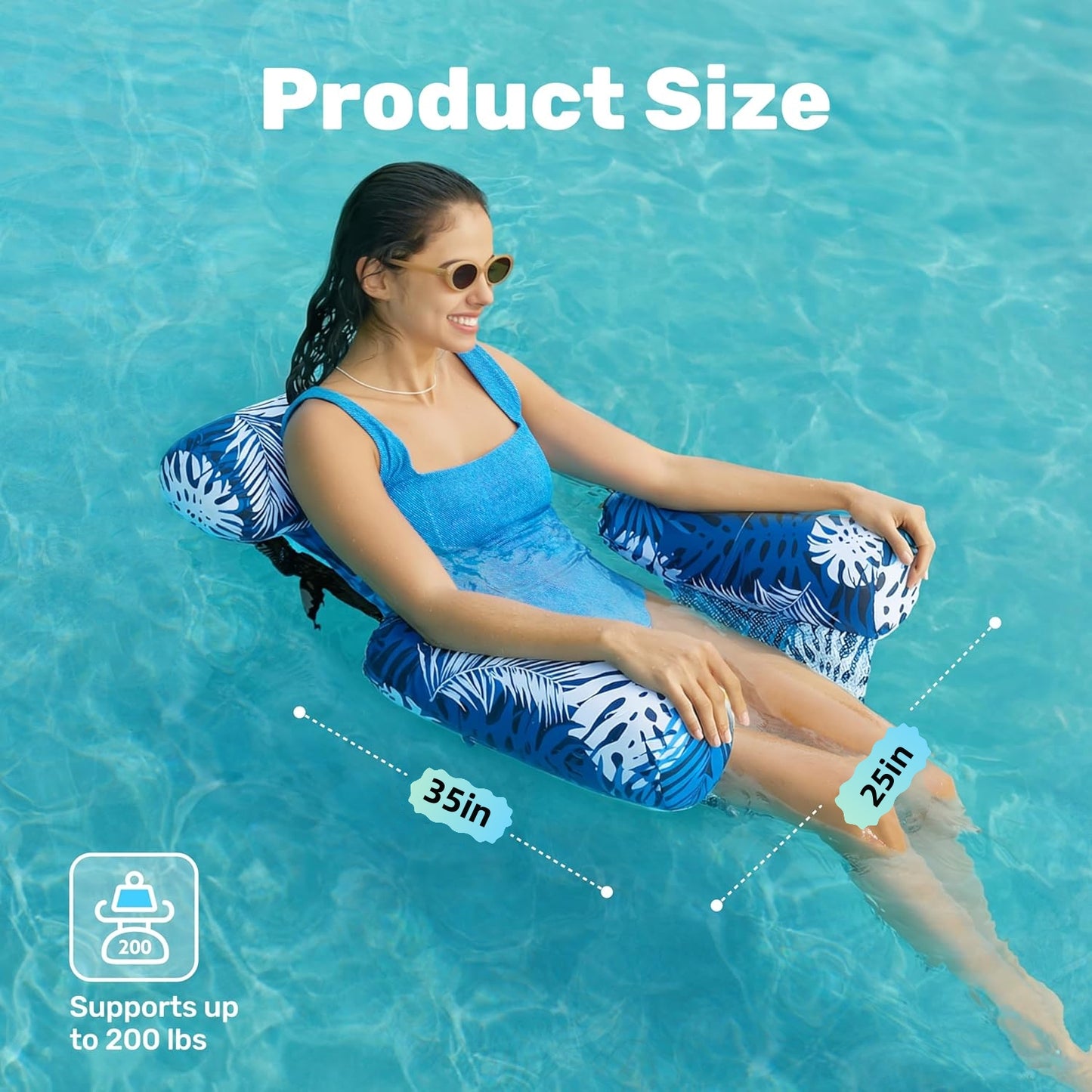 HeyGo Inflatable Pool Float Adult Lounge Chair - Blue Plant Pattern Cloth Floating Mat for Summer Lake & Beach, 46" x 33"