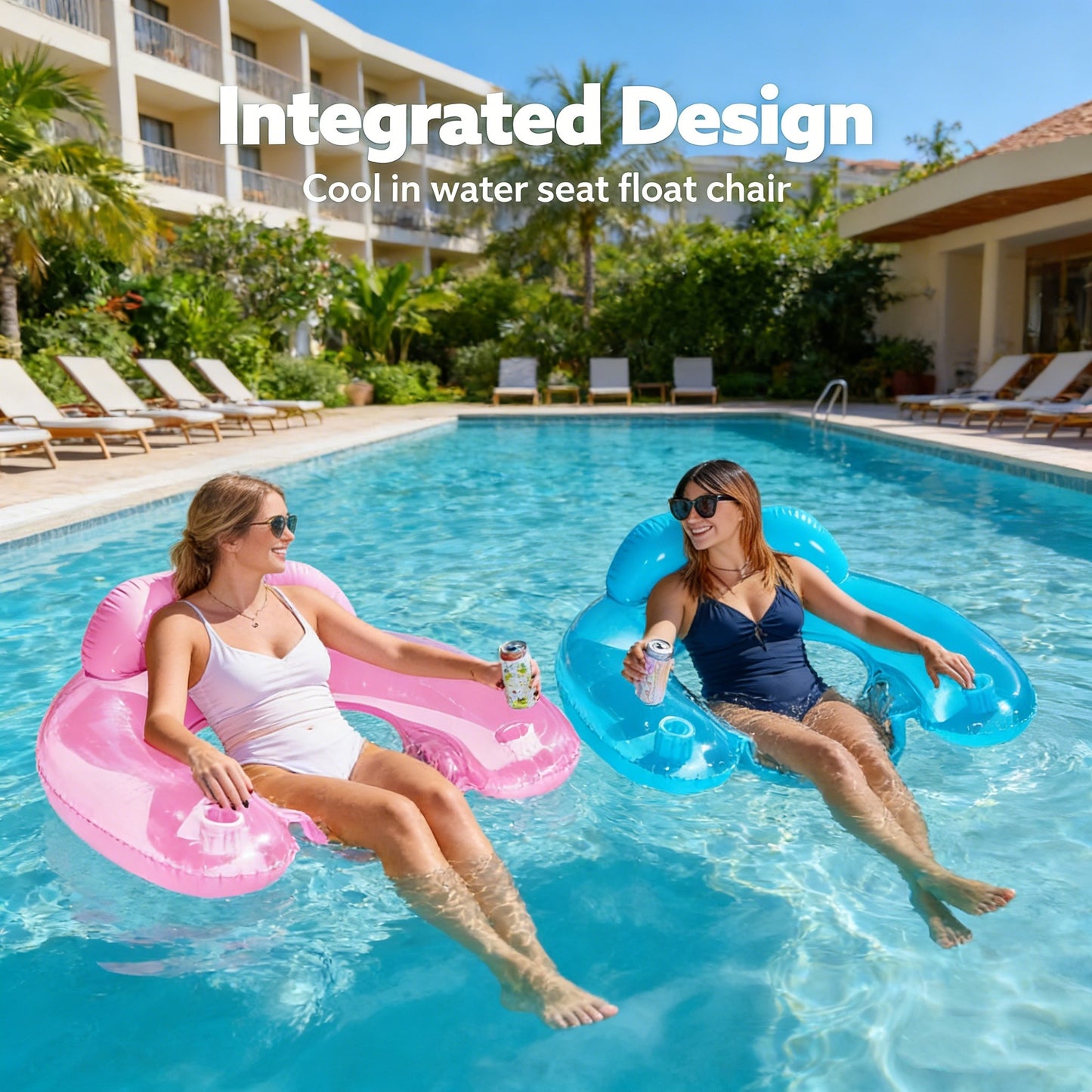 Jasonwell 2-Pack Inflatable Pool Chairs with Cup Holders, 49"x35" Hammock Noodle Mat for Summer Fun, Blue & Pink