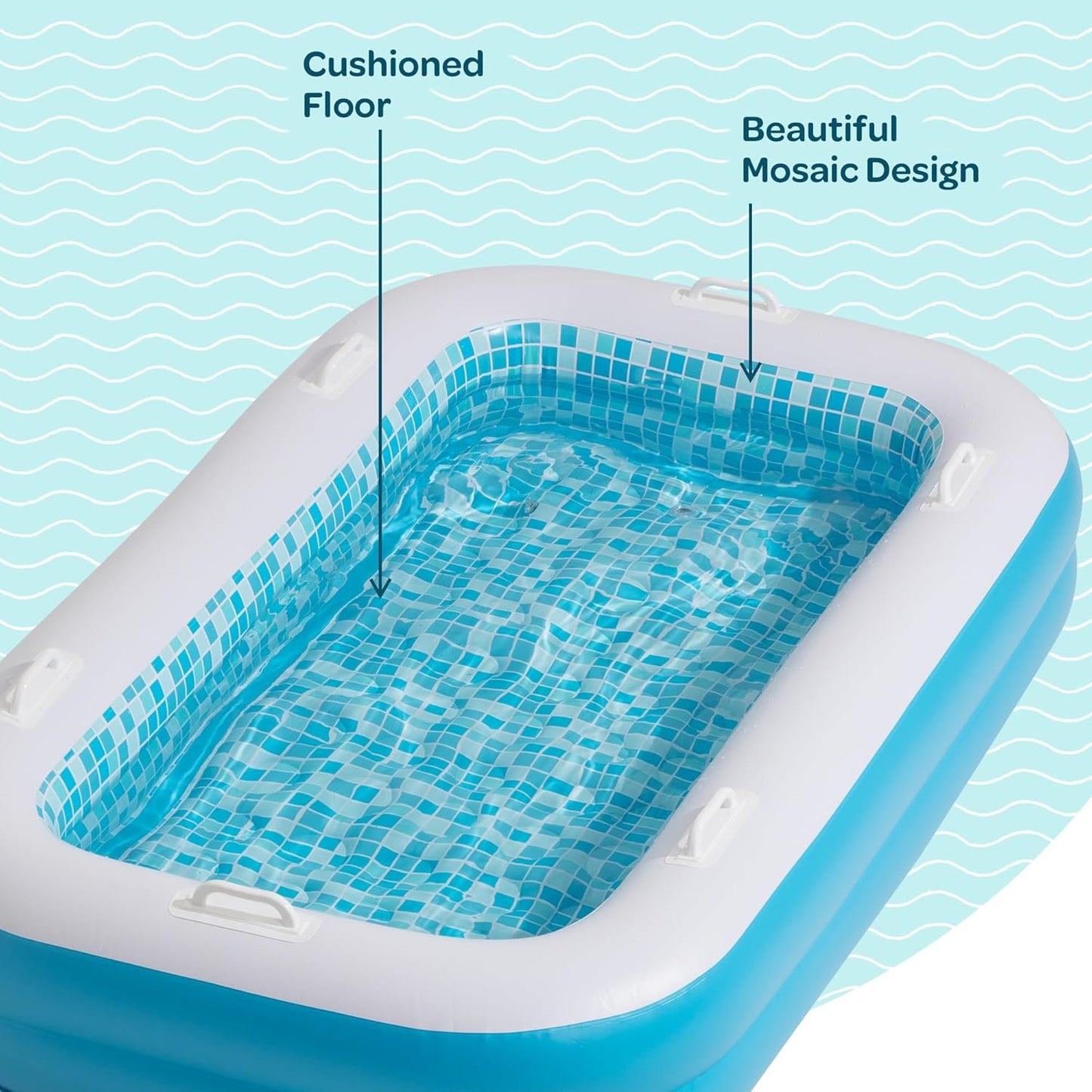 Jasonwell 2-in-1 Inflatable Kiddie Pool 65"x39"x10", Soft Cushioned Floor, Handles & Drain, Shallow Rectangular Pool for Kids 2+, Blue