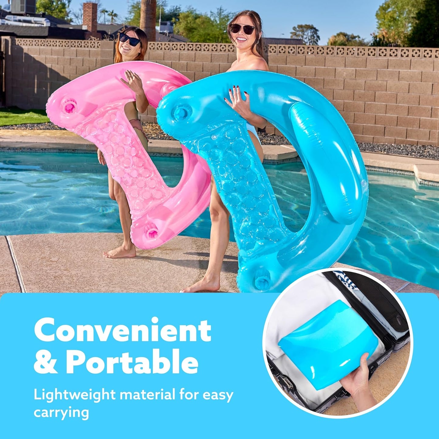 Jasonwell 2-Pack Inflatable Pool Chairs with Cup Holders, 49"x35" Blow-up Hammock Noodle Mat for Summer Fun, Blue & Pink
