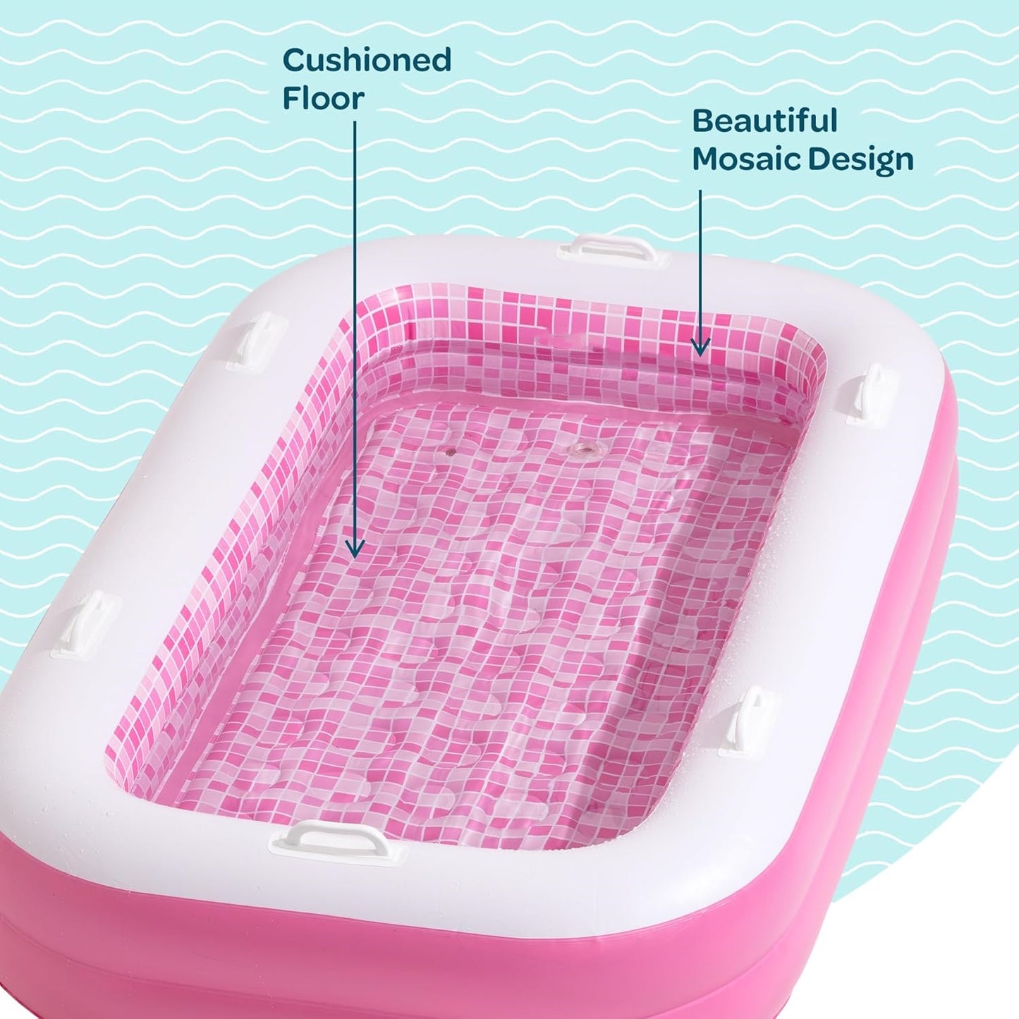 Jasonwell 2-in-1 Inflatable Kiddie Pool 65"x39"x10", Soft Cushioned Floor, Handles, Drain, Shallow Rectangular Pool for Kids 2+, Playful Pink