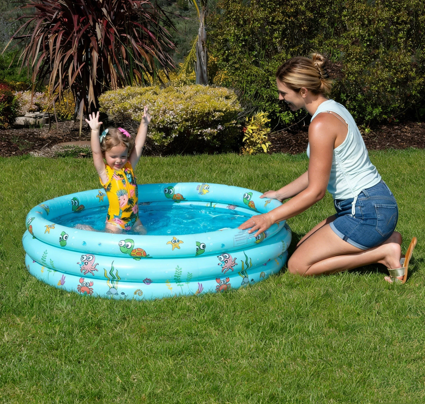 HeyGo 51"x15" Inflatable Kiddie Pool, Green 3-Ring Baby Pool with Thick Bubble Bottom & Sea Animal Print for Backyard Fun
