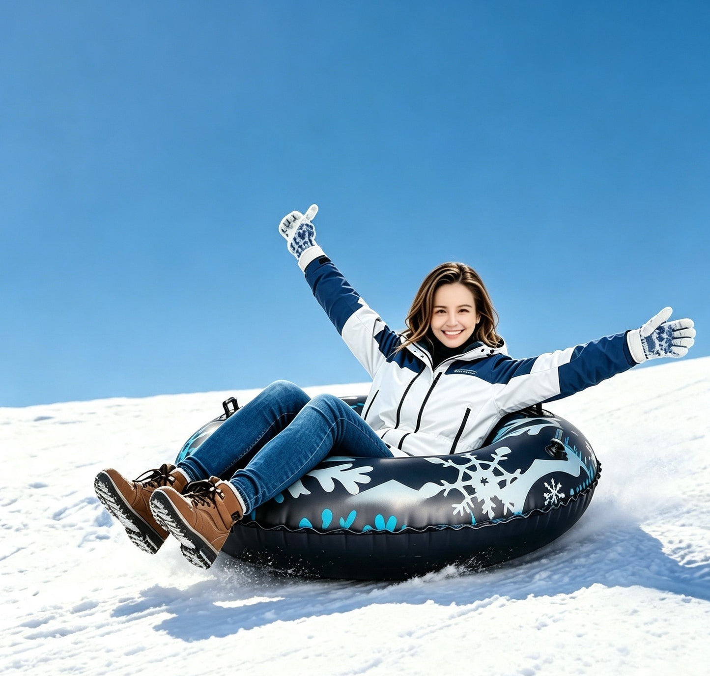 47 Inch Black Inflatable Snow Tube, Heavy-Duty PVC Sled with Sturdy Handles, Family Winter Outdoor Sledding Toy for Christmas & Thanksgiving Holiday Activities