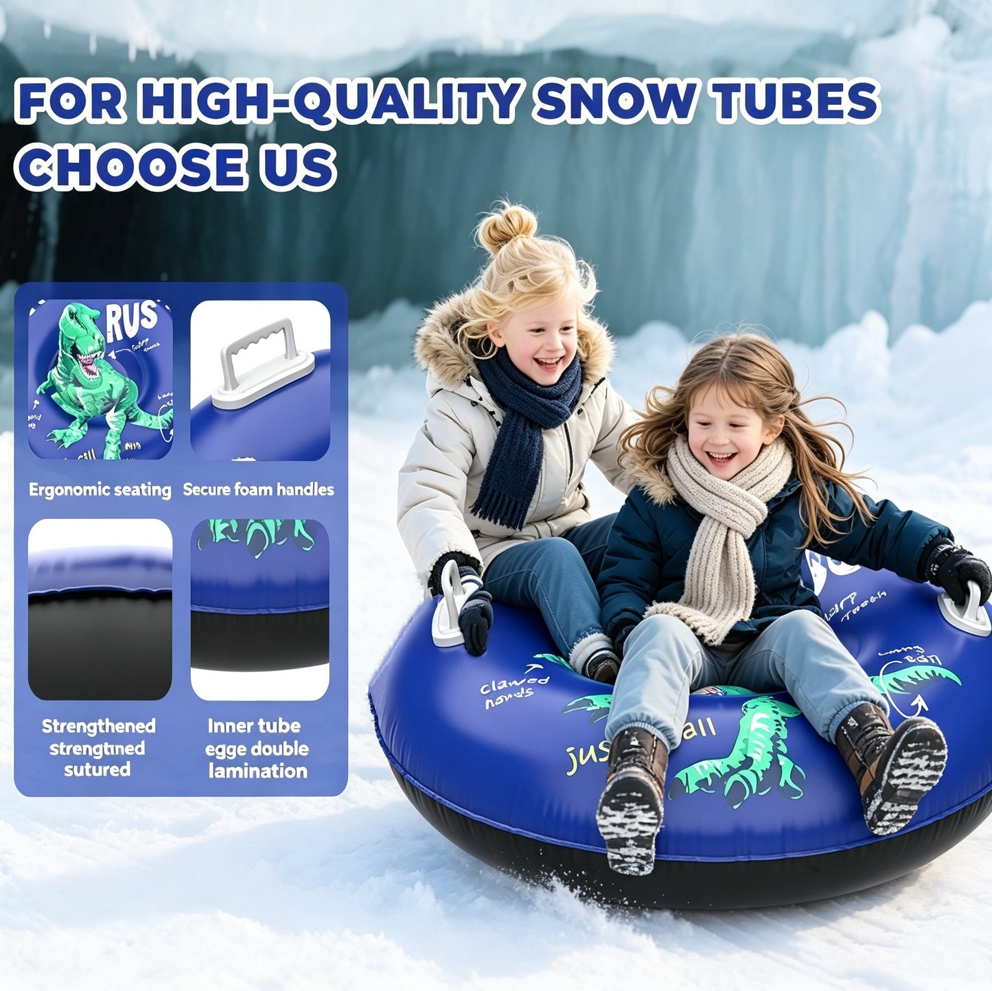 Dinosaur Inflatable Snow Tube, Thickened Heavy-Duty PVC Sled with Reinforced Bottom & 2 Handles, Winter Snow Sled for Skiing, Outdoor Games, Halloween & Christmas Activities