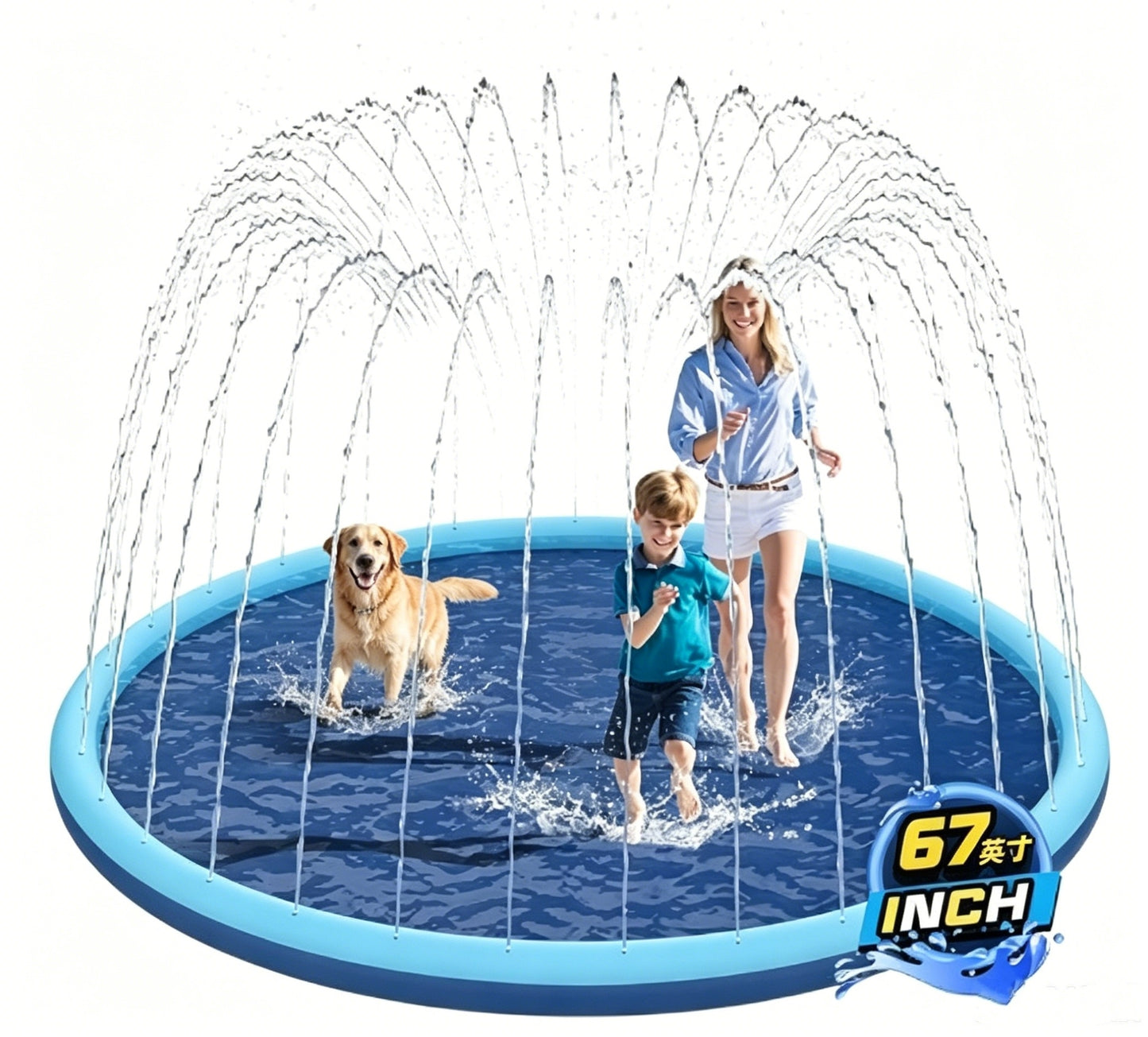 HeyGo 67" Anti-Slip Splash Pad for Dogs & Kids Durable Outdoor Sprinkler Water Play Mat for Large Dogs Summer Fun in Blue