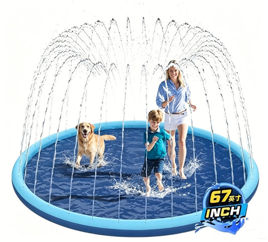 HeyGo 67" Anti-Slip Splash Pad for Dogs & Kids Durable Outdoor Sprinkler Water Play Mat for Large Dogs Summer Fun in Blue