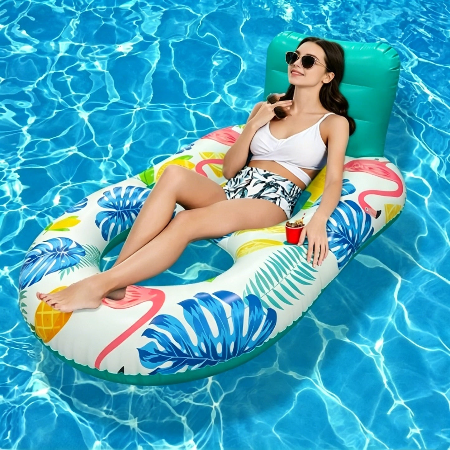 HeyGo Flamingo Large Adult Pool Float - Comfy Lounger with Cup Holders | 63x43 in for Beach, Pool & Lake