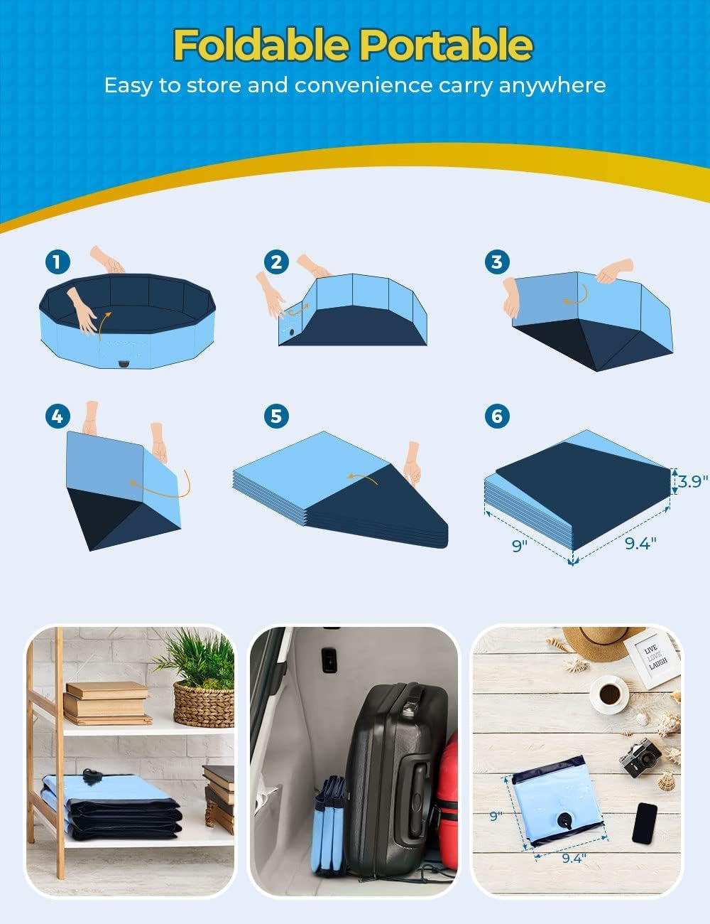 Jasonwell Medium Foldable Dog Pool, 37"x8" Portable Hard Plastic Swimming Pool for Dogs, Cats & Kids, Collapsible Pet Bathing Tub, Blue