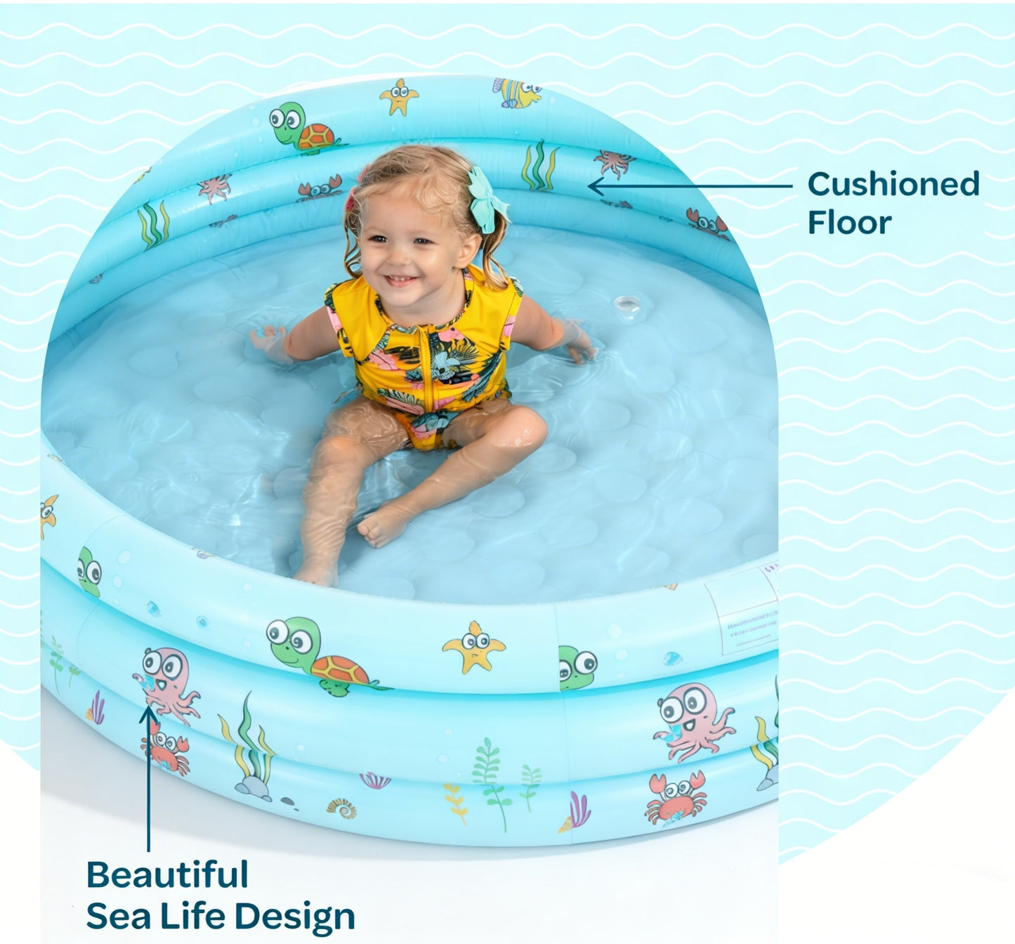 HeyGo 51"x15" Inflatable Kiddie Pool, Green 3-Ring Baby Pool with Thick Bubble Bottom & Sea Animal Print for Backyard Fun