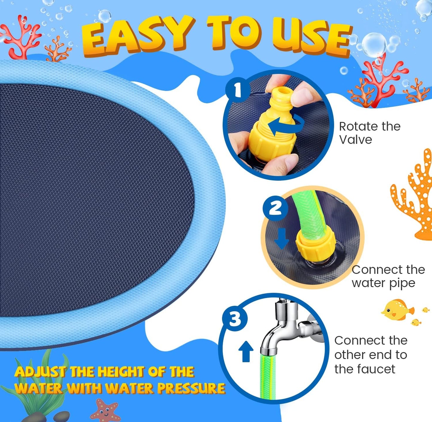 HeyGo 59" Non-Slip Splash Pad for Kids & Dogs Thick Blue Sprinkler Water Toy for Summer Fun in Yard or Pool