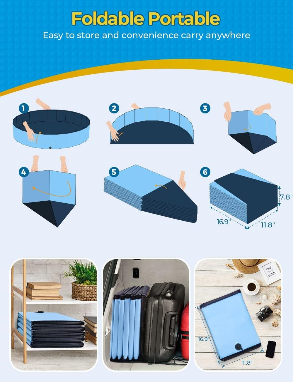 Jasonwell Jumbo Foldable Dog Pool, 77"x16" Hard Plastic Portable Pet Bathing Tub, Collapsible Swimming Pool for Dogs, Cats & Kids, Blue