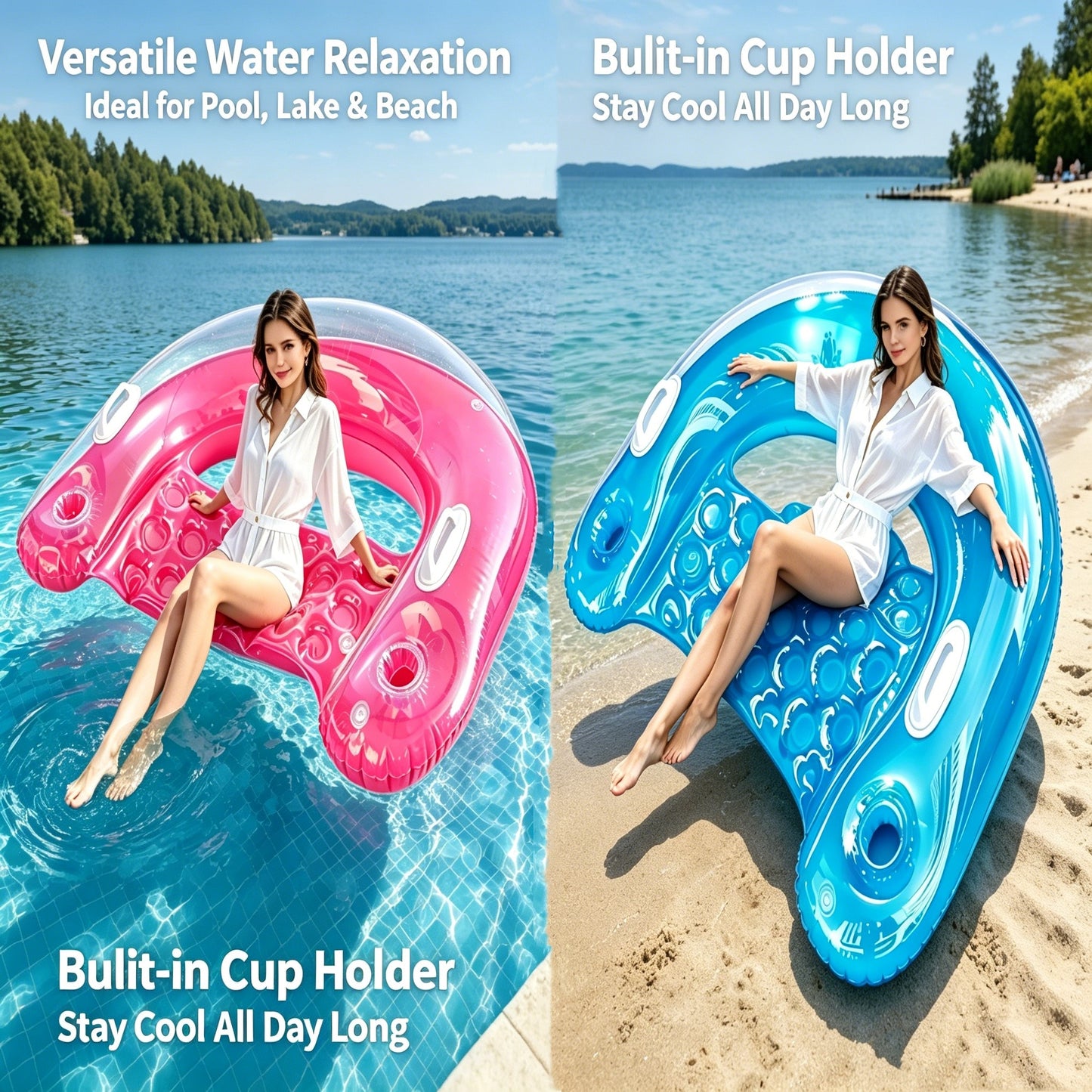 HeyGo 2-Pack U-Shaped Pool Float Lounge Chairs with Cup Holders (Red & Blue, 45x34 in) for Beach & Summer Water Fun