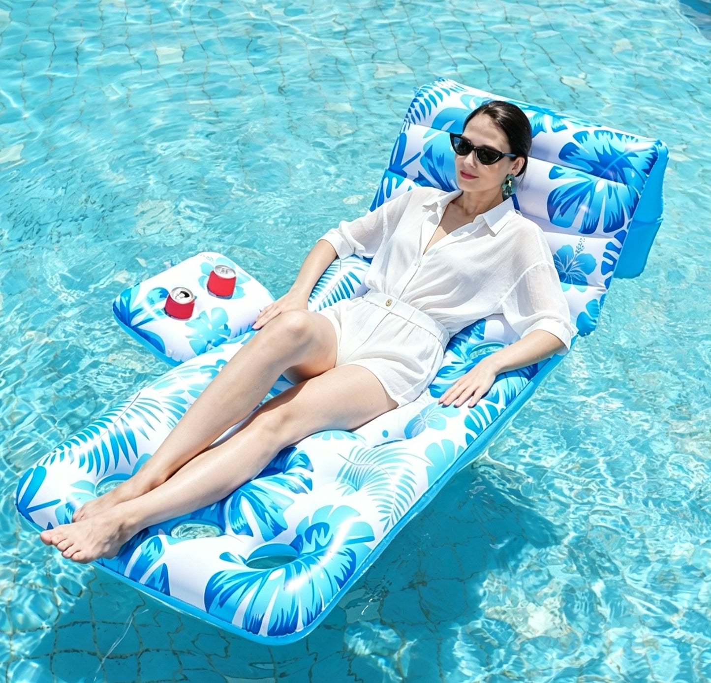 HeyGo 71"x35" Inflatable Pool Float Lounger, Blue Floral Reclining Raft with Headrest, Portable PVC Bed for Beach & Lake Fun
