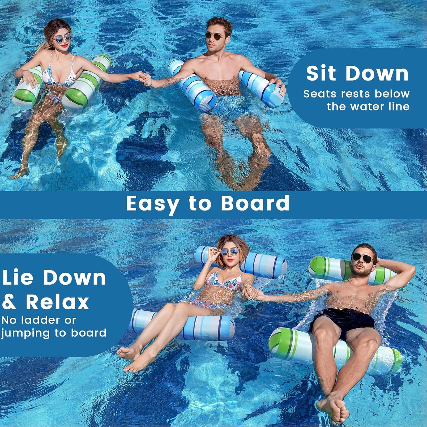 Jasonwell 2-Pack Pool Floats for Adults, 4-in-1 Inflatable Loungers, PVC Water Hammocks, Blue & Green Stripes, Large