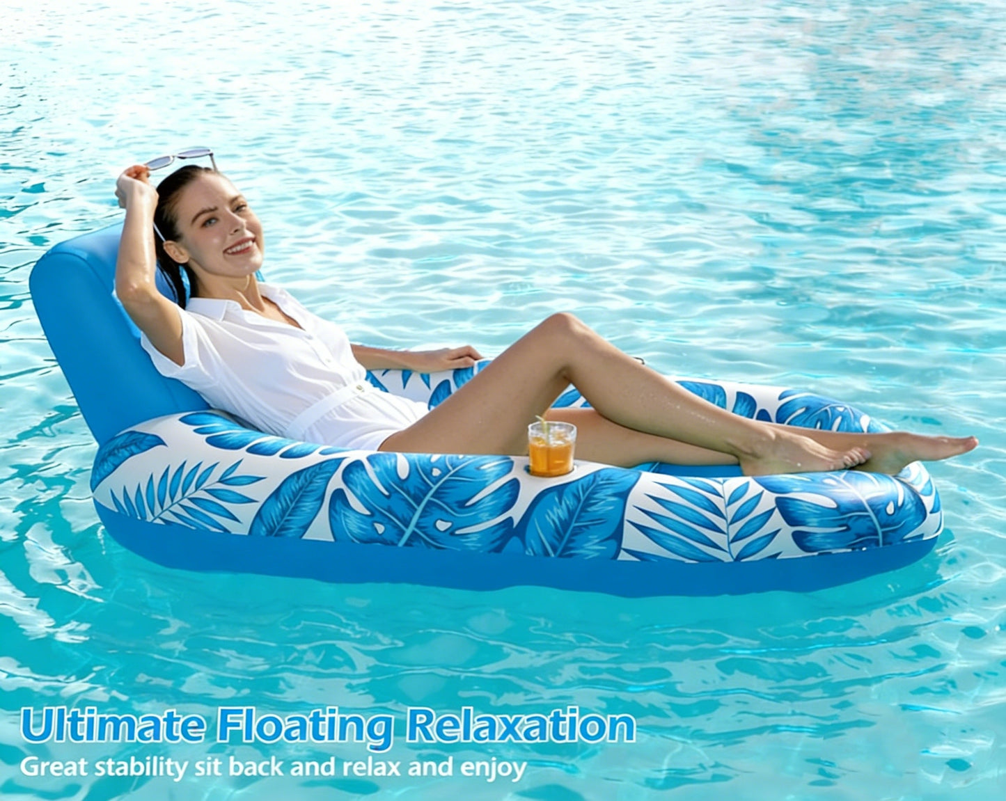 HeyGo 65" x 33" x 18" Inflatable Pool Float for Adults - Lounger Raft with Cup Holders & Coconut Tree Backrest, Perfect for Pool & Beach!
