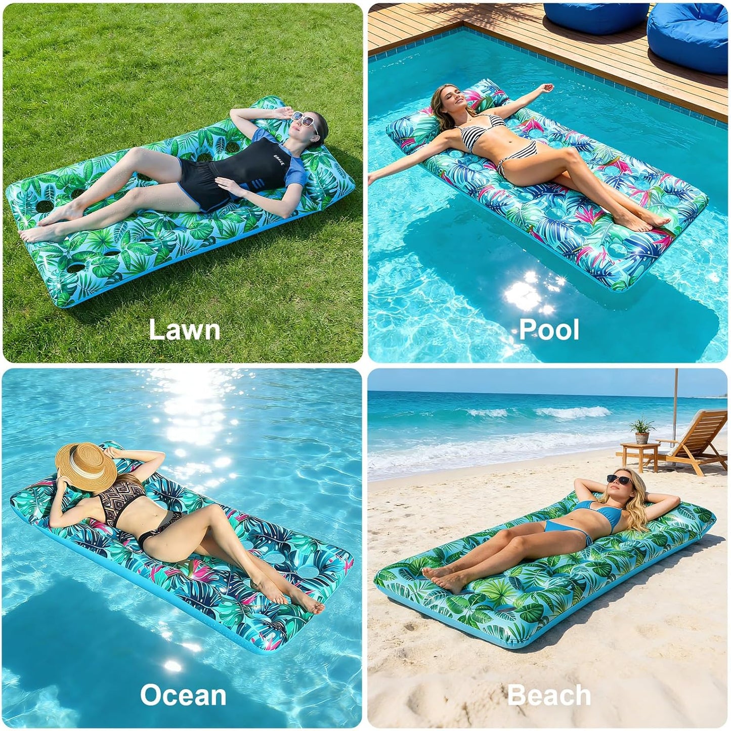 HeyGo 2-Pack 21-Hole Inflatable Pool Floats (Blue & Green, 71x34 in) Adult Lounger Raft with Cup Holder for Lake & Beach