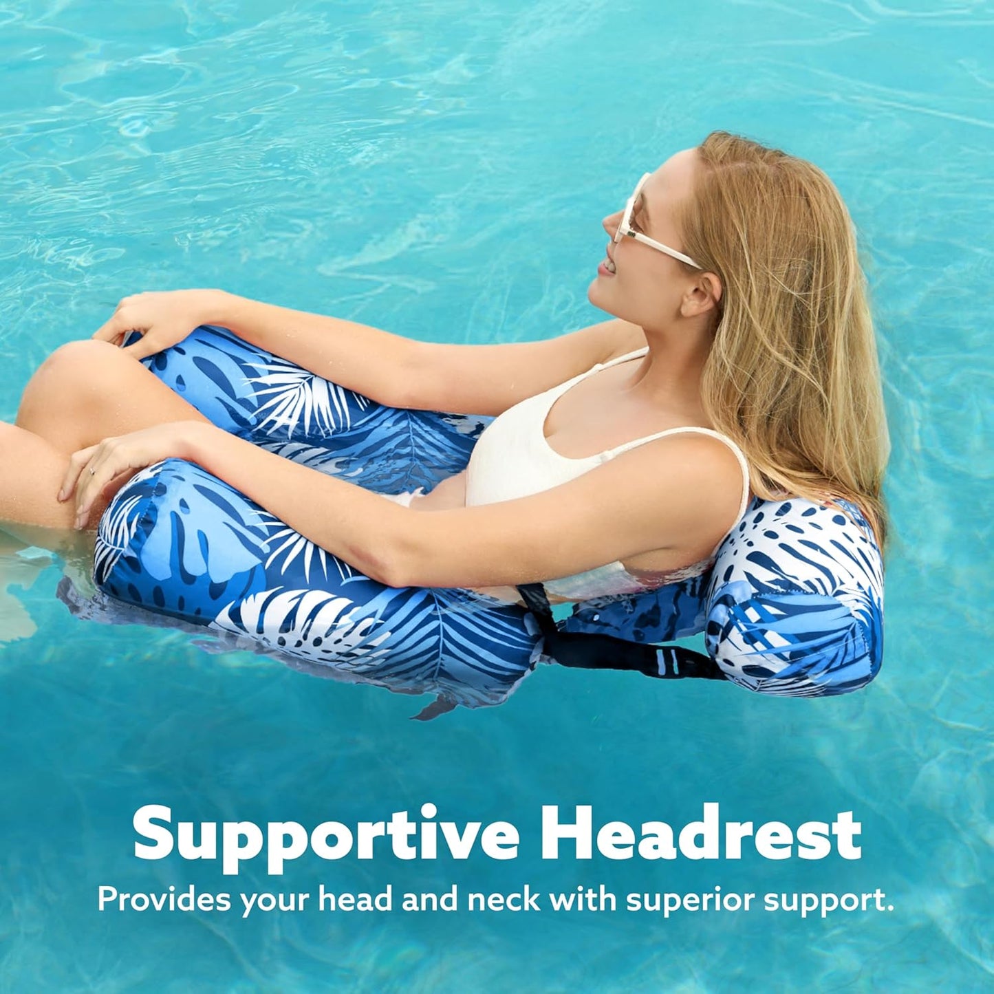 HeyGo Inflatable Pool Float Adult Lounge Chair - Blue Plant Pattern Cloth Floating Mat for Summer Lake & Beach, 46" x 33"