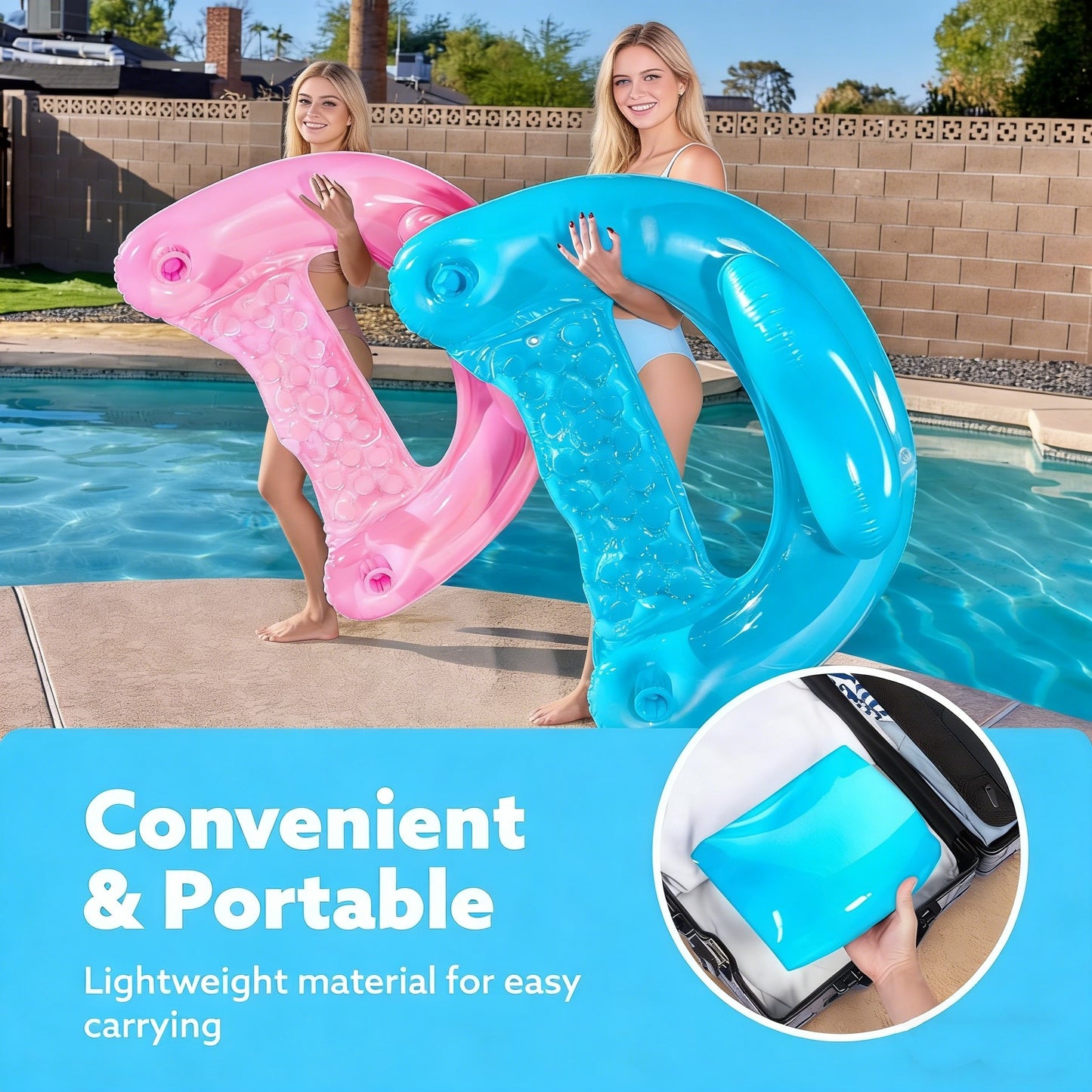 Jasonwell 2-Pack Inflatable Pool Chairs with Cup Holders, 49"x35" Hammock Noodle Mat for Summer Fun, Blue & Pink