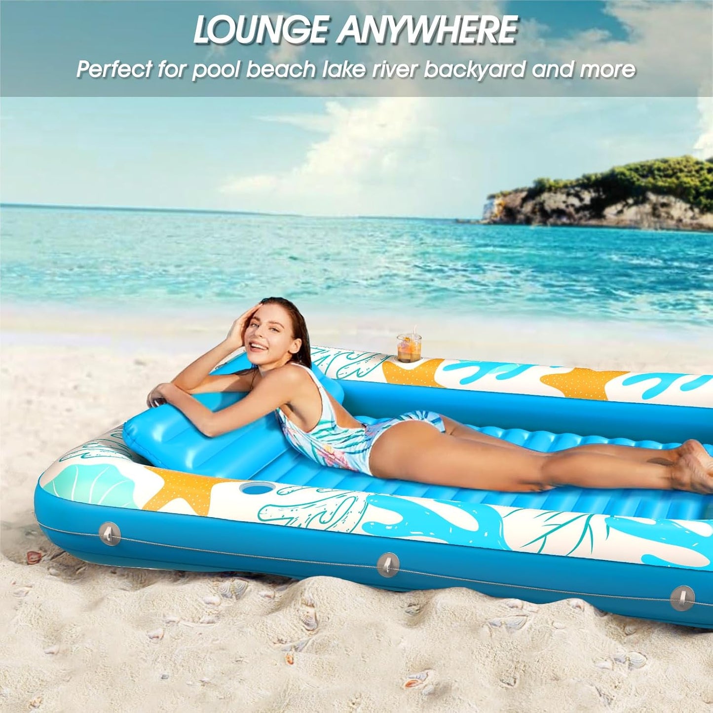 Jasonwell 4-in-1 Inflatable Tanning Lounger, Sun Tan Tub & Pool Raft, Water-Filled Mat for Adults & Kids (XL), Ocean Aqua