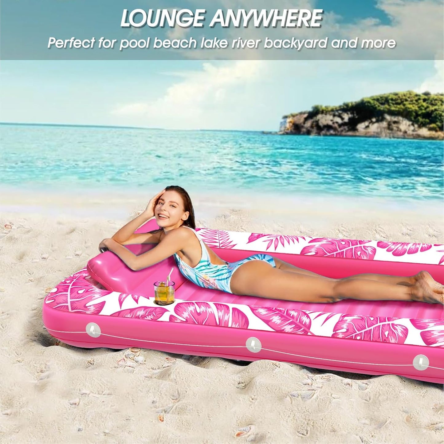 Jasonwell 4‑in‑1 Inflatable Tanning Lounger — Sun Tan Tub & Pool Raft, Water‑Filled Mat/Pad for Adults & Kids (Large) - Rose Pink