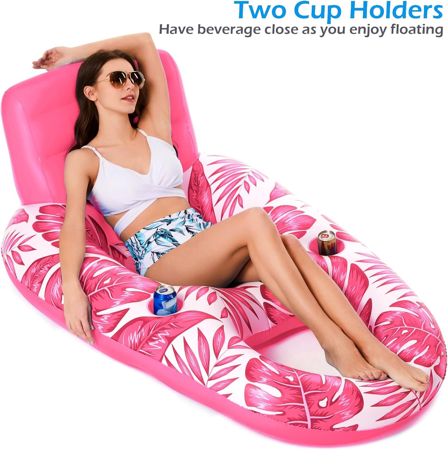 Jasonwell Inflatable Pool Float for Adults — Lounger Raft with Cup Holders, Floating Chair for Pool, Lake & Beach - TropicalRose
