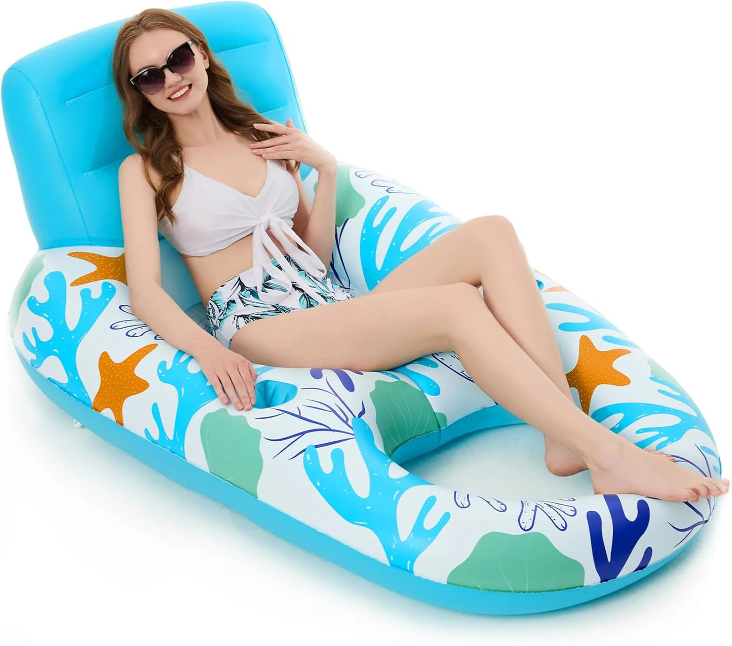 Jasonwell Inflatable Pool Float for Adults — Lounger Raft with Cup Holders, Floating Chair for Pool, Lake & Beach - O-Blue