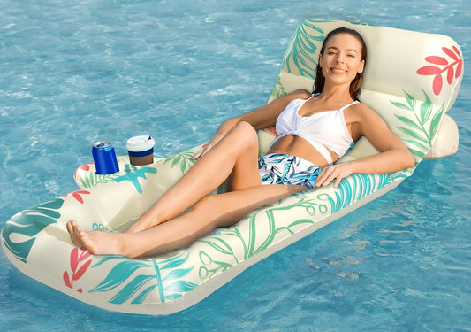 Jasonwell Inflatable Pool Float for Adults — Adjustable Backrest Lounger Raft with Cup Holders, Mesh Seat for Pool, Lake & Beach - Beige