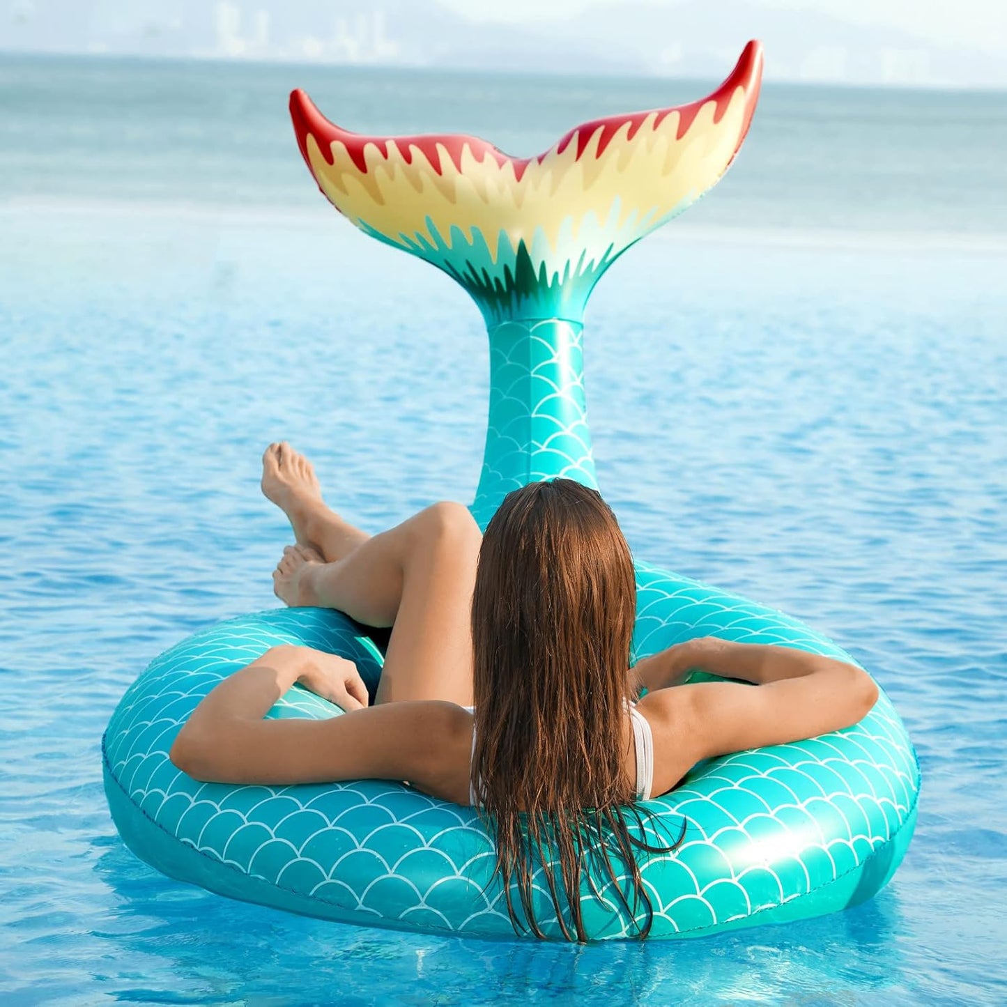 Jasonwell Giant Inflatable Mermaid Tail Pool Float – Fast Valves, Summer Lounge Raft for Adults & Kids, Green, Large