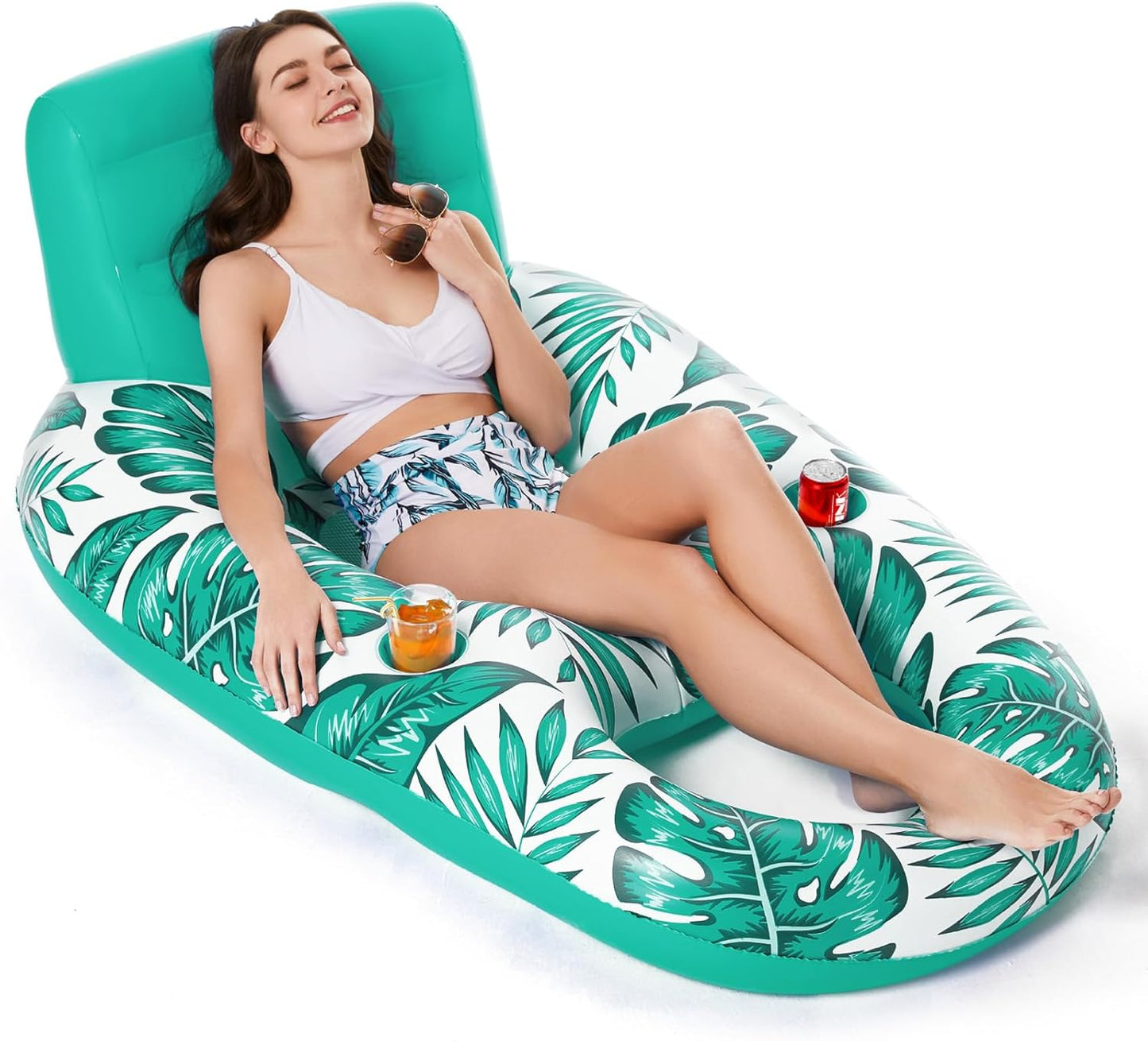 Jasonwell Inflatable Pool Float for Adults — Lounger Raft with Cup Holders, Floating Chair for Pool, Lake & Beach - Tropical Green