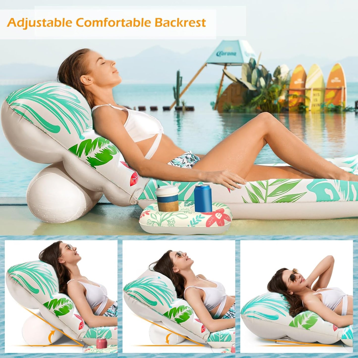 Jasonwell Inflatable Pool Float for Adults — Adjustable Backrest Lounger Raft with Cup Holders, Mesh Seat for Pool, Lake & Beach - Beige