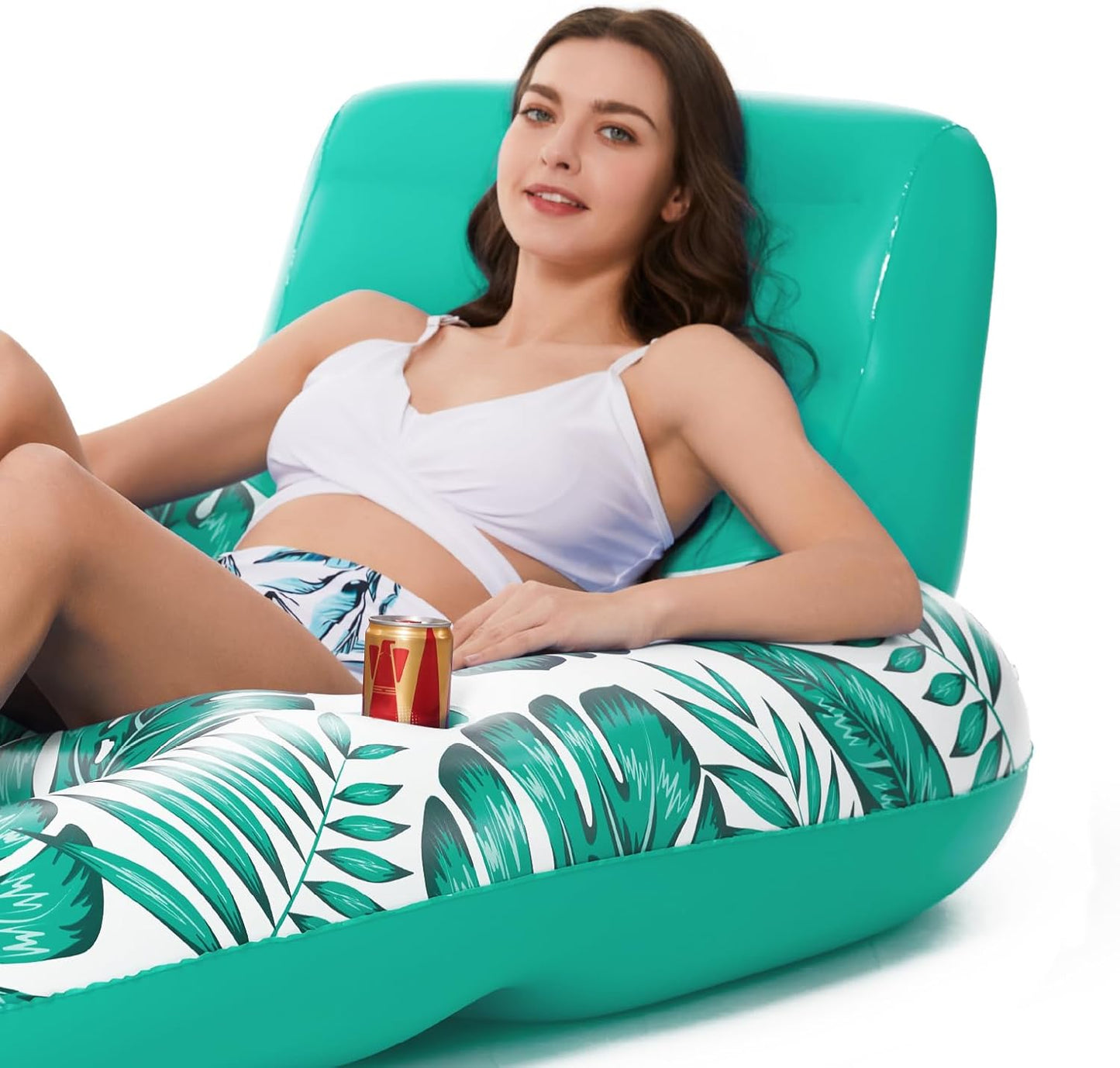 Jasonwell Inflatable Pool Float for Adults — Lounger Raft with Cup Holders, Floating Chair for Pool, Lake & Beach - Tropical Green