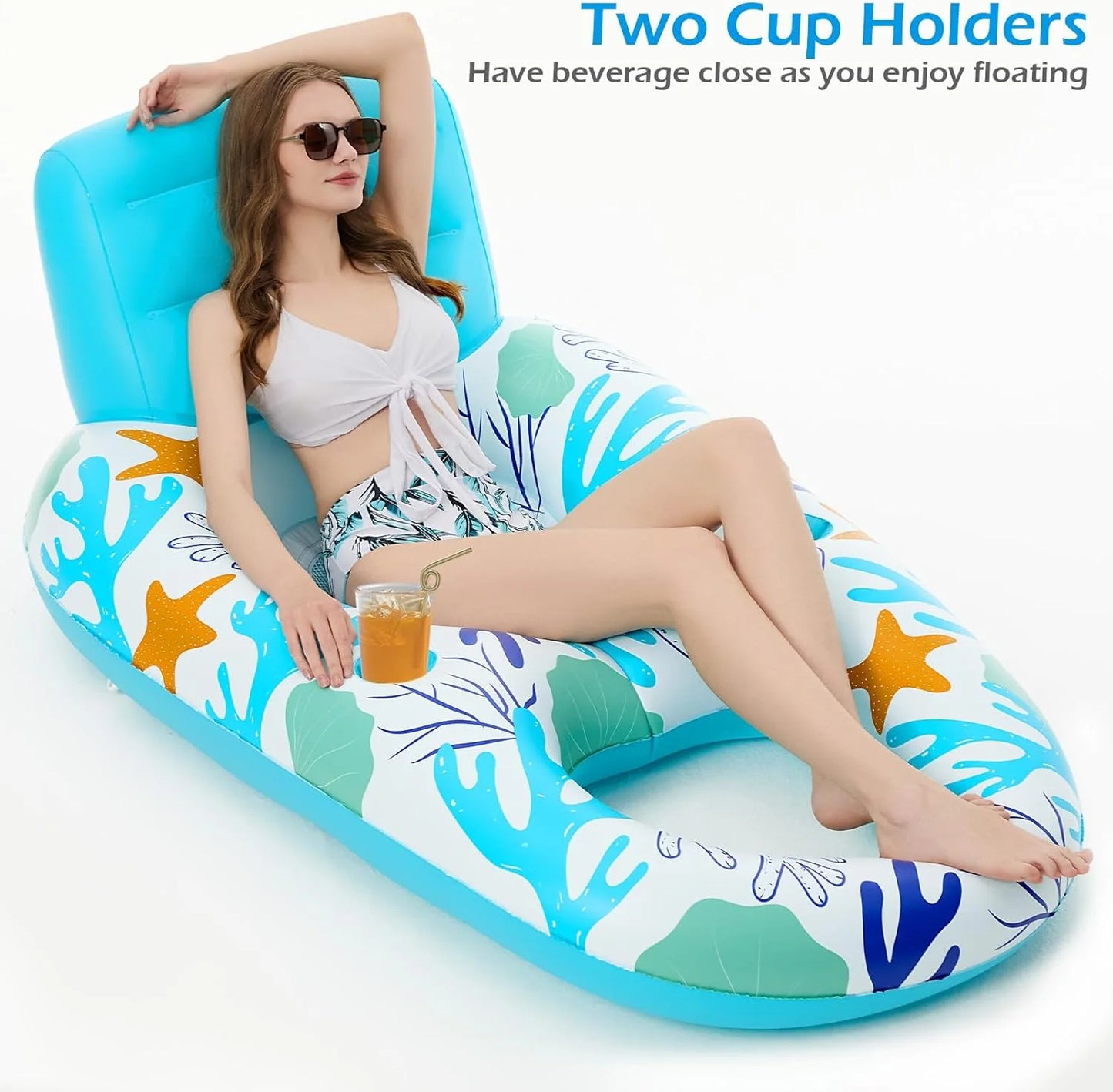 Jasonwell Inflatable Pool Float for Adults — Lounger Raft with Cup Holders, Floating Chair for Pool, Lake & Beach - O-Blue