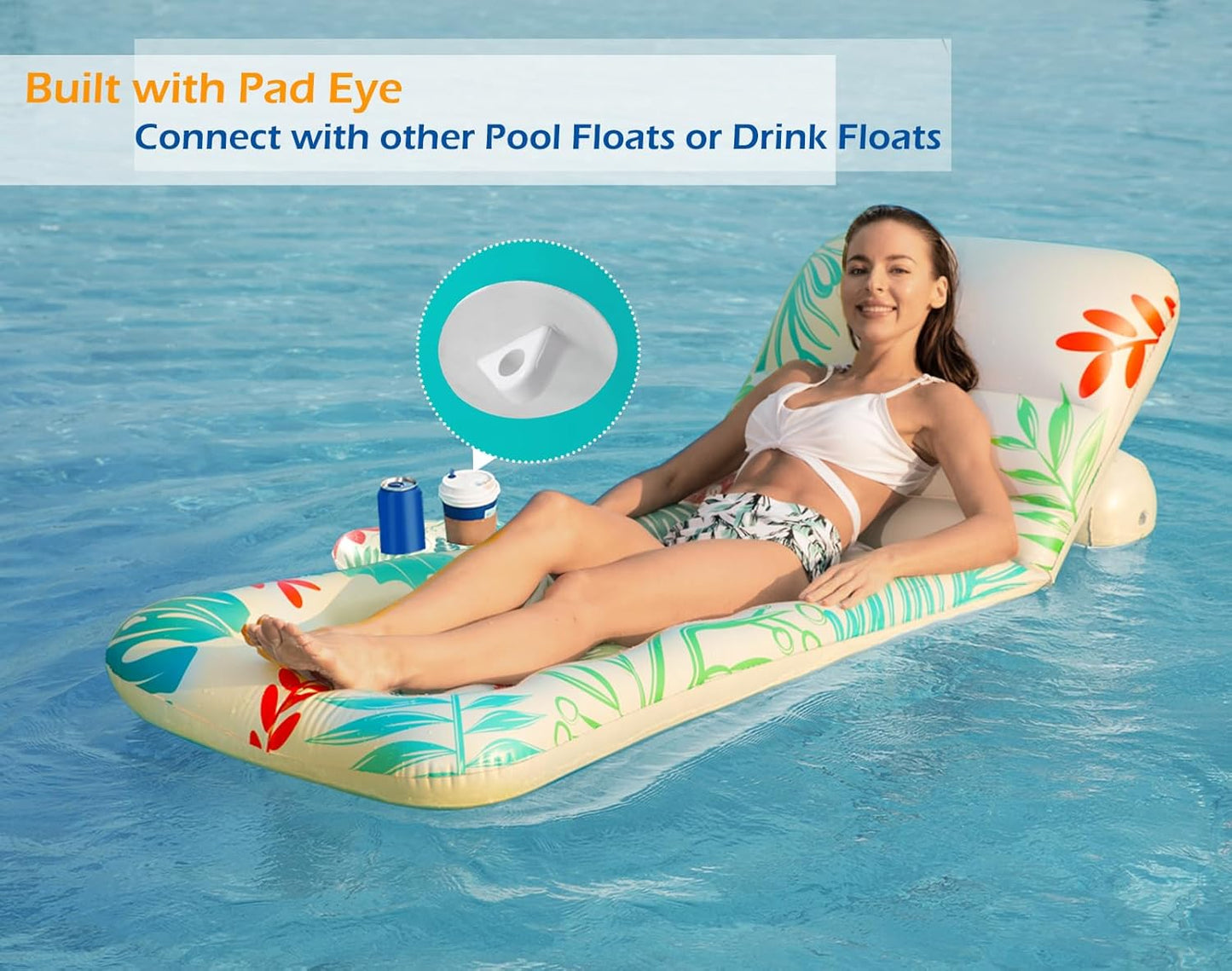 Jasonwell Inflatable Pool Float for Adults — Adjustable Backrest Lounger Raft with Cup Holders, Mesh Seat for Pool, Lake & Beach - Beige
