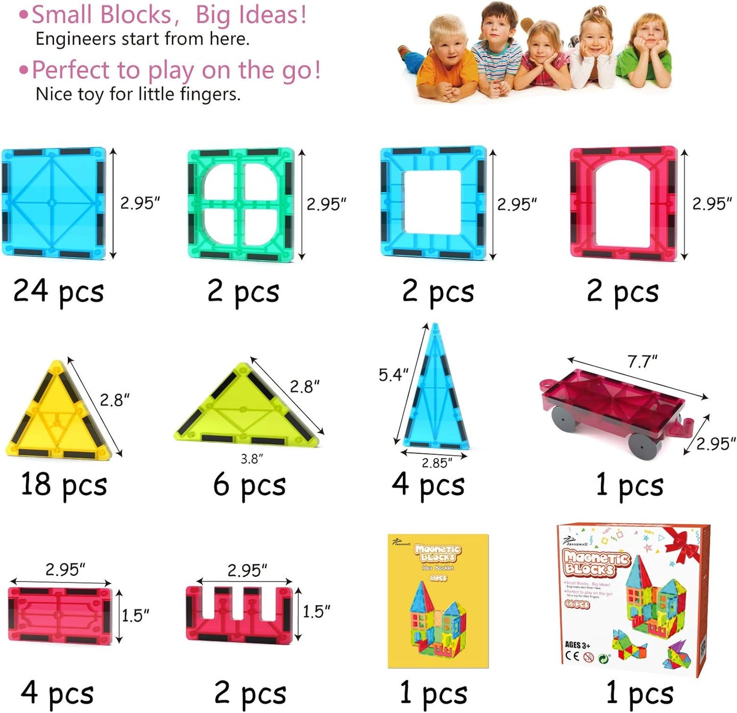 Jasonwell 65pcs Magnetic Tiles Building Blocks Set – STEM Construction Kit for Boys & Girls, Educational Toy for Toddlers & Kids (3-10+ Years)