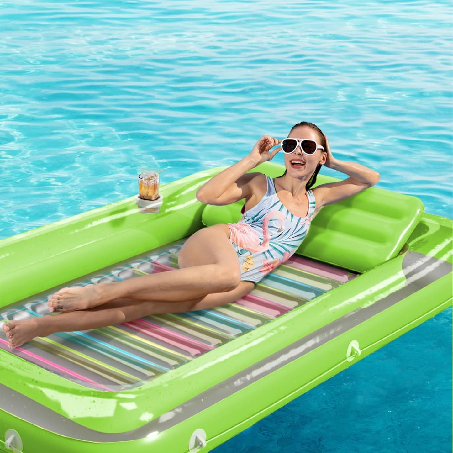 Jasonwell 4‑in‑1 Inflatable Tanning Lounger — Sun Tan Tub & Pool Raft, Water‑Filled Mat/Pad for Adults & Kids (Large) - Lime w reflective base