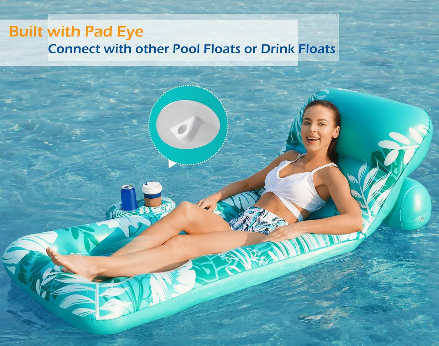 Jasonwell Inflatable Pool Float for Adults — Adjustable Backrest Lounger Raft with Cup Holders, Mesh Seat for Pool, Lake & Beach - Cyan