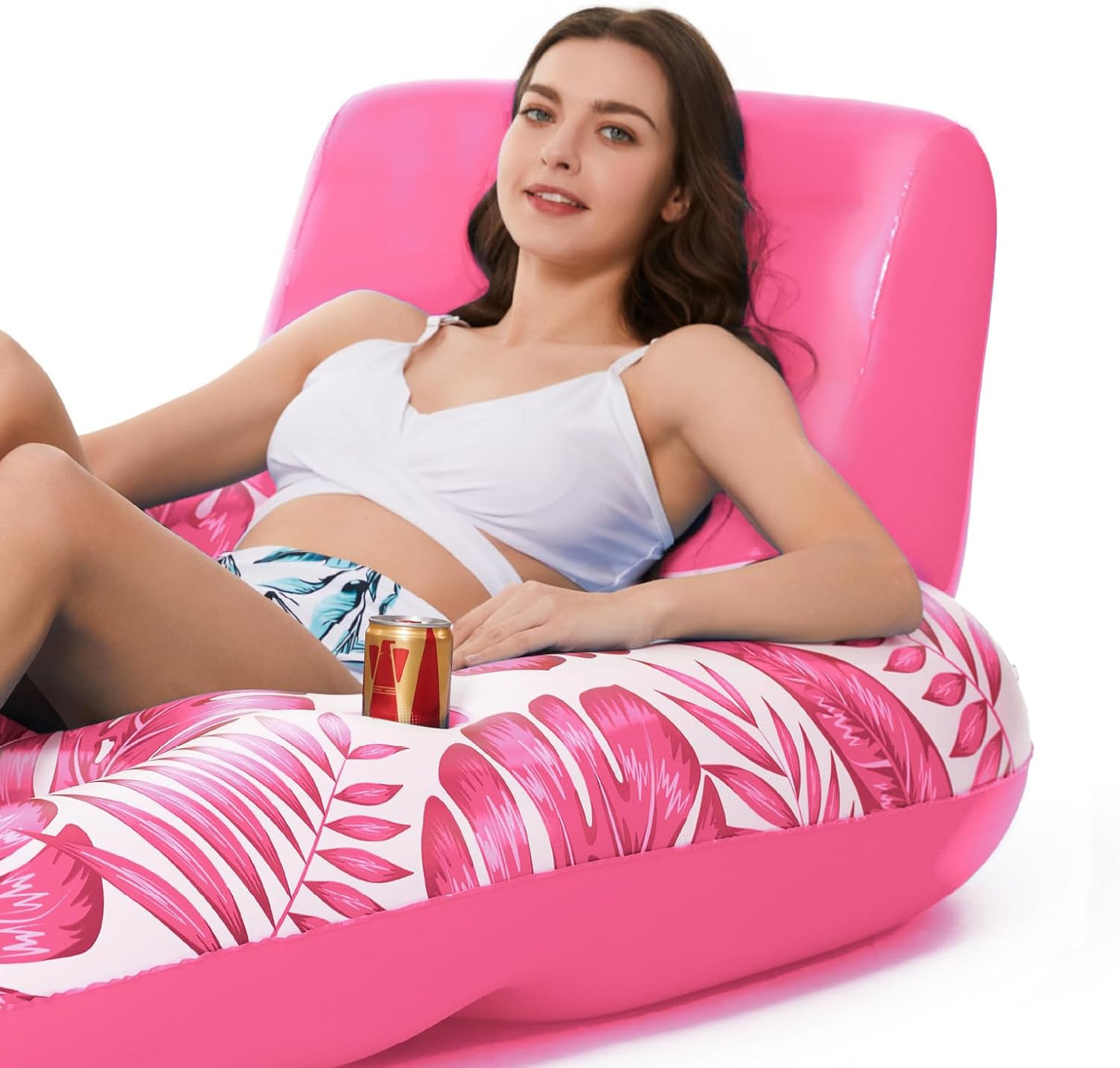 Jasonwell Inflatable Pool Float for Adults — Lounger Raft with Cup Holders, Floating Chair for Pool, Lake & Beach - TropicalRose