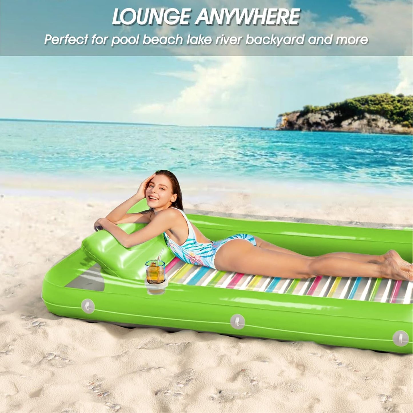 Jasonwell 4‑in‑1 Inflatable Tanning Lounger — Sun Tan Tub & Pool Raft, Water‑Filled Mat/Pad for Adults & Kids (Large) - Lime w reflective base