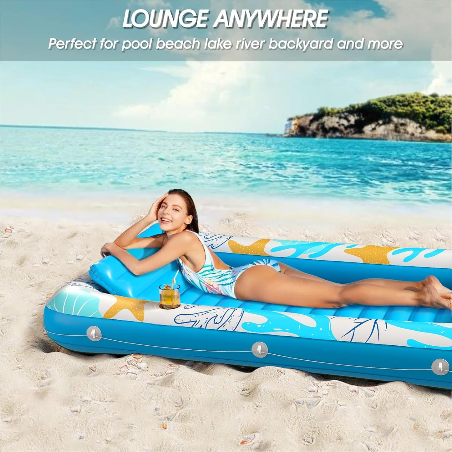 Jasonwell 4‑in‑1 Inflatable Tanning Lounger — Sun Tan Tub & Pool Raft, Water‑Filled Mat/Pad for Adults & Kids (Large) - Ocean Aqua