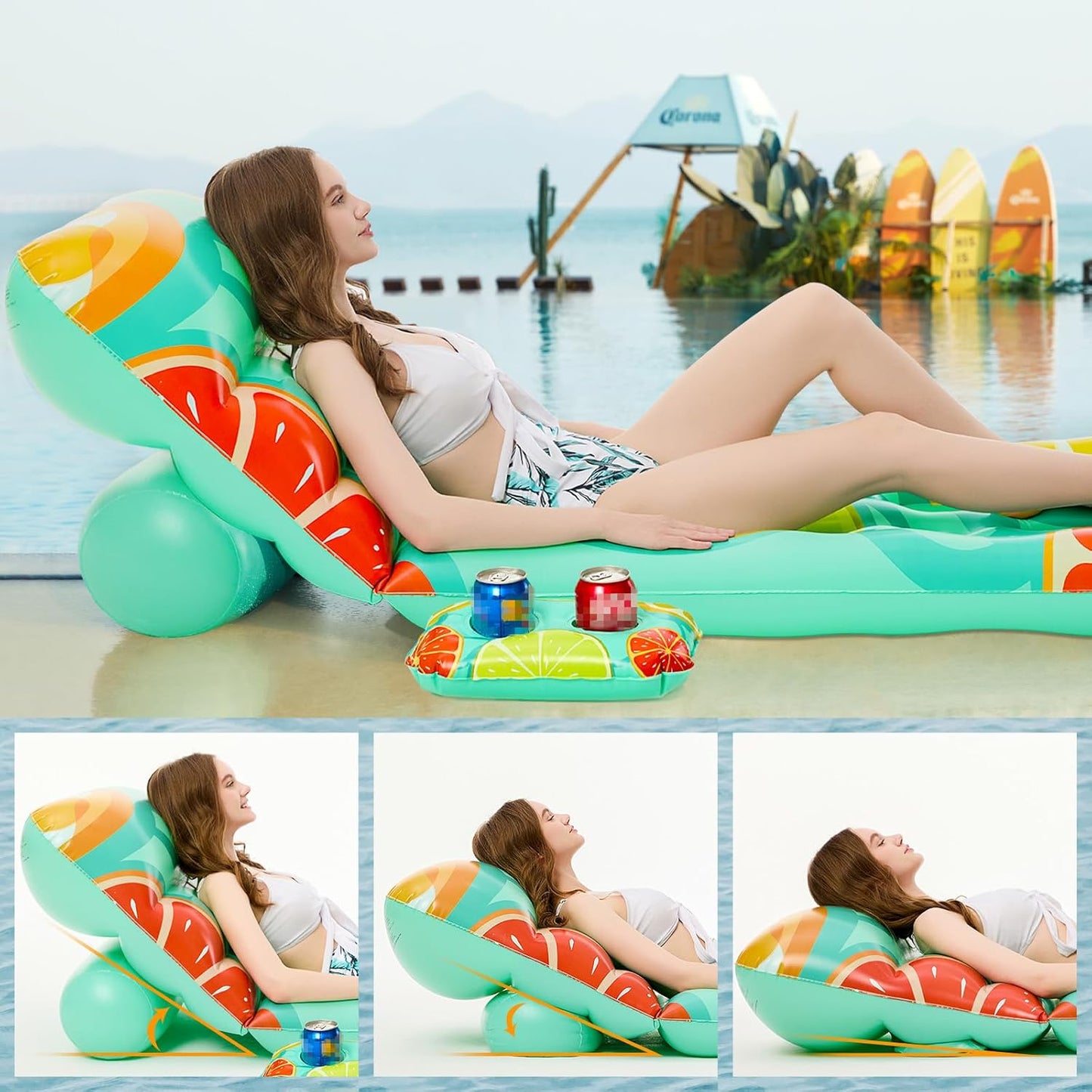 Jasonwell Inflatable Pool Float for Adults — Adjustable Backrest Lounger Raft with Cup Holders, Mesh Seat for Pool, Lake & Beach - Fruit