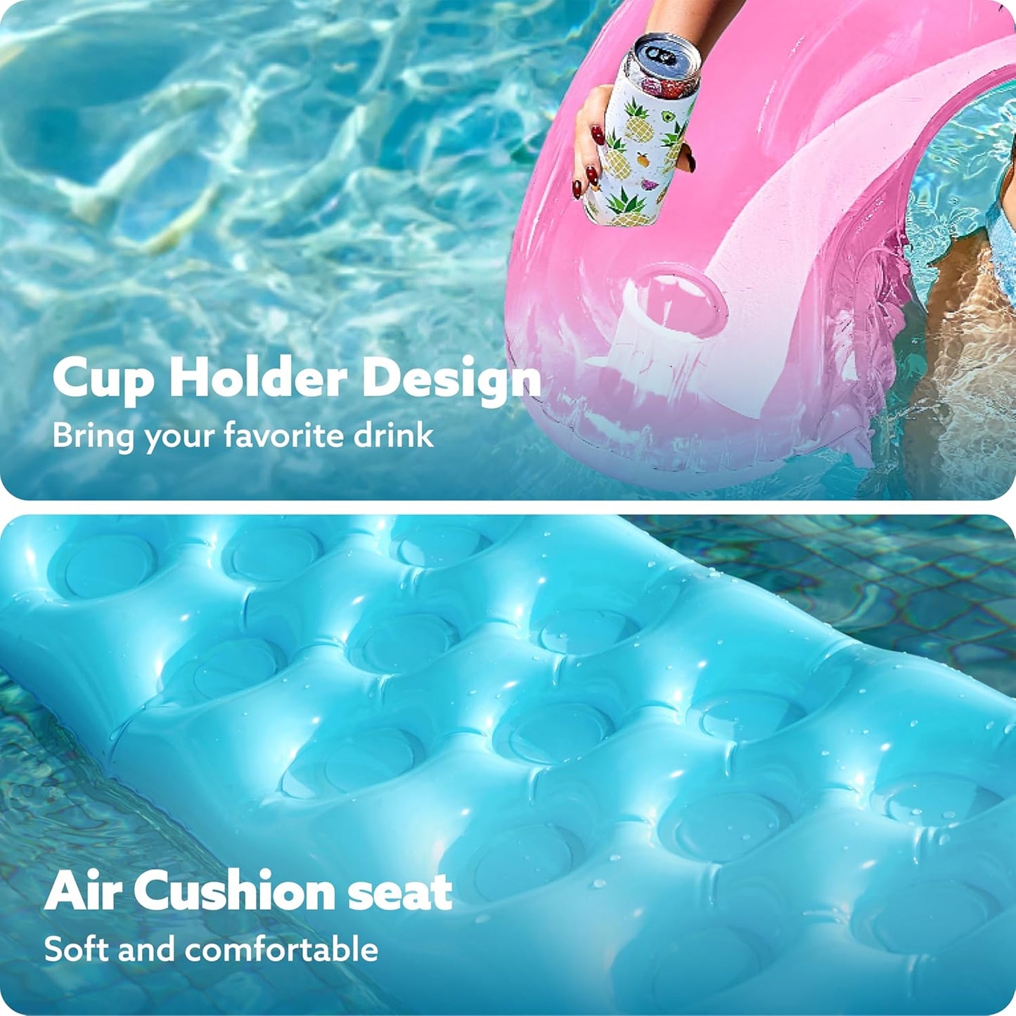 HeyGo 2-Pack U-Shaped Pool Float Lounge Chairs with Cup Holders (Red & Blue, 45x34 in) for Beach & Summer Water Fun